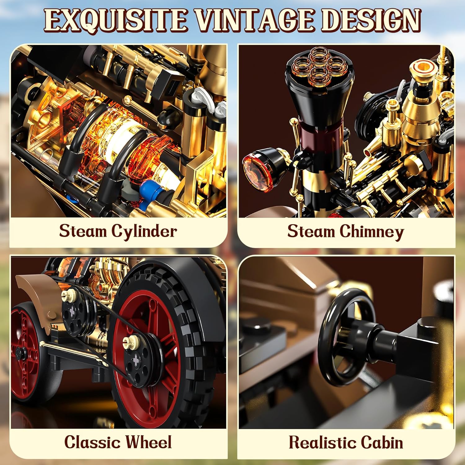 OWNONE 1 Vintage Car Steam Engine Building Blocks Set with Lights, Western Retro Steam Tractor Locomotive Model Building Kit for Vintage & West Lovers, Creative Home Office Decor Gift for Adults Teens
