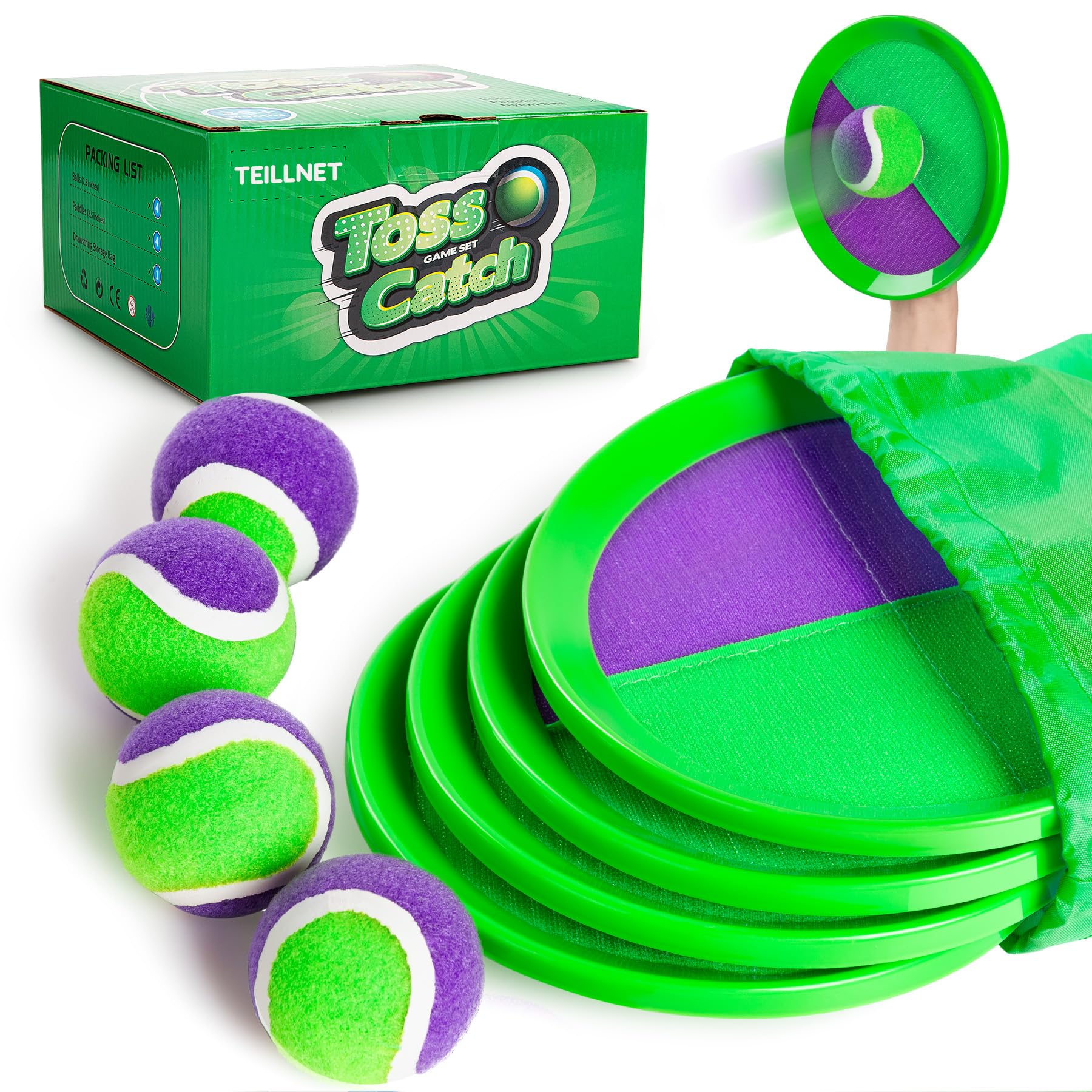 TEILLNET Toss and Catch Ball Set Upgraded - Kids Toys Beach Toys Baseball Games - Sturdy & Water-Resistant for Outdoor Pool Yard Games - Classic Gift for Boys Girls 3 4 5 6 7 8 9 10 11 12+ Years