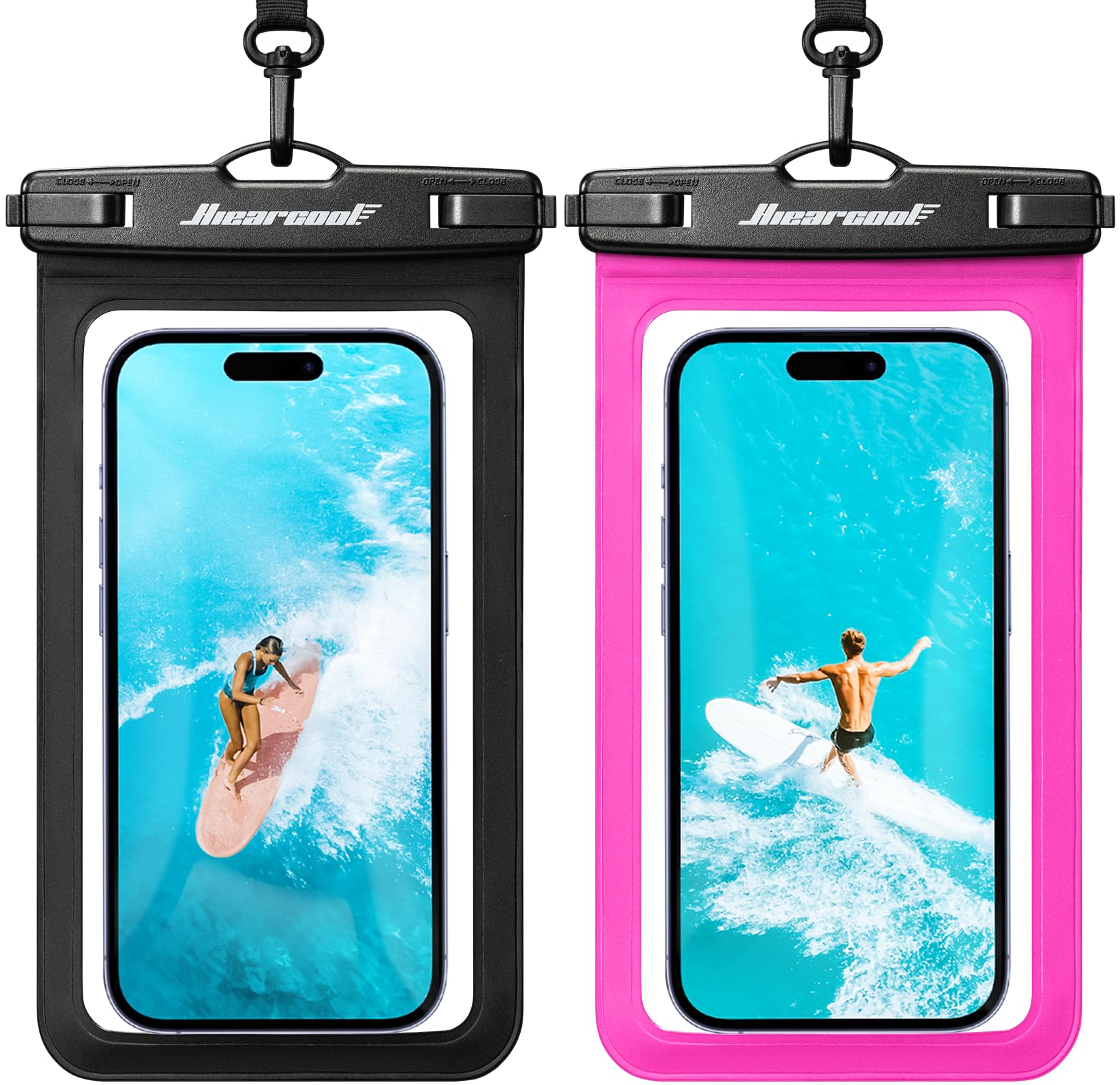 Hiearcool Waterproof Phone Pouch, IPX8 Waterproof Phone Case for iPhone 17/16/15/14 Pro Max, Cell Phone Dry Bag for Beach & Cruise Essentials, Touch Screen, Lanyard Included, 2 Pack (Fits Up to 8.9”)