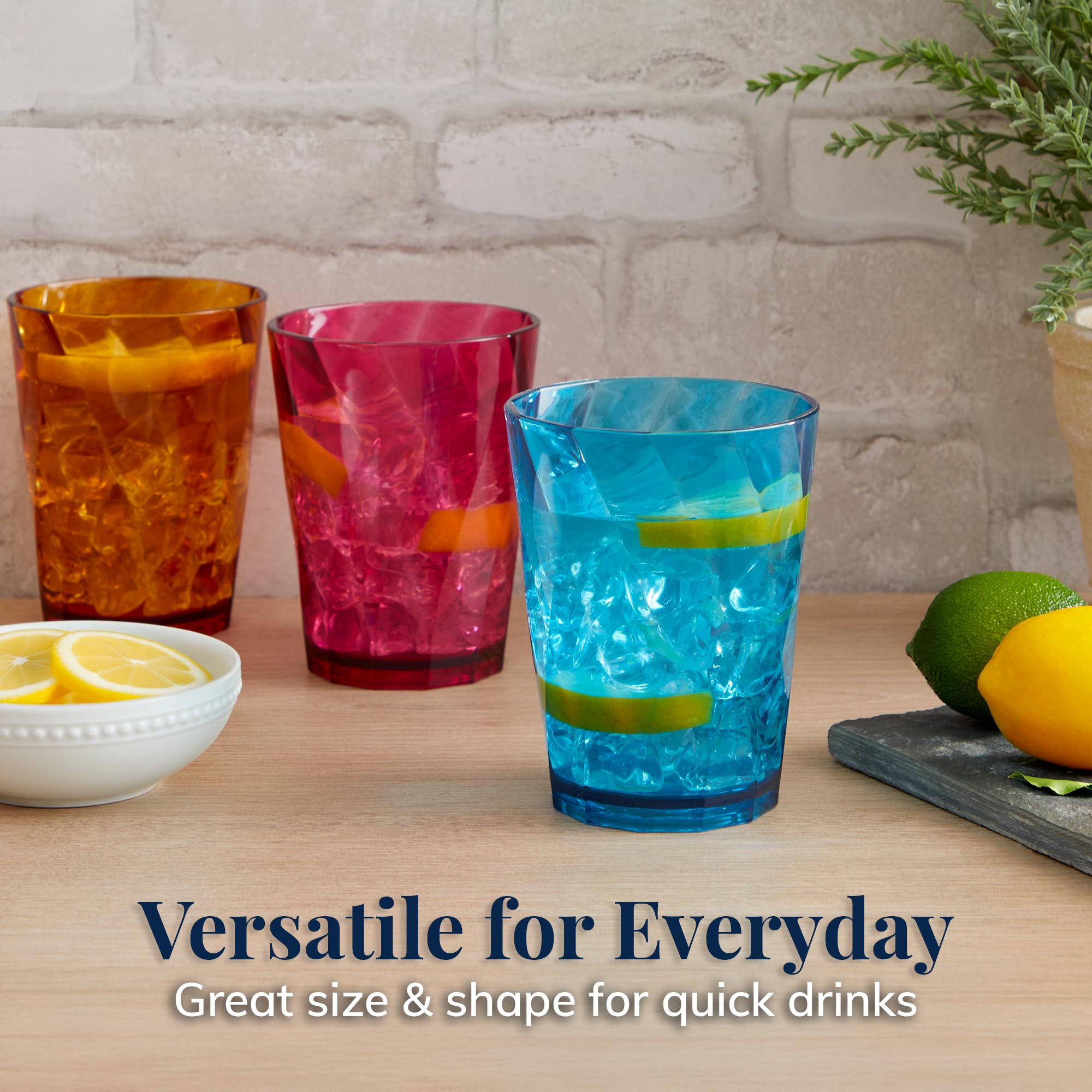 US Acrylic Optix Plastic Reusable Drinking Glasses (Set of 8) 20oz Water Cups in Jewel Tone Colors | BPA-Free Tumblers, Made in USA | Top-Rack Dishwasher Safe
