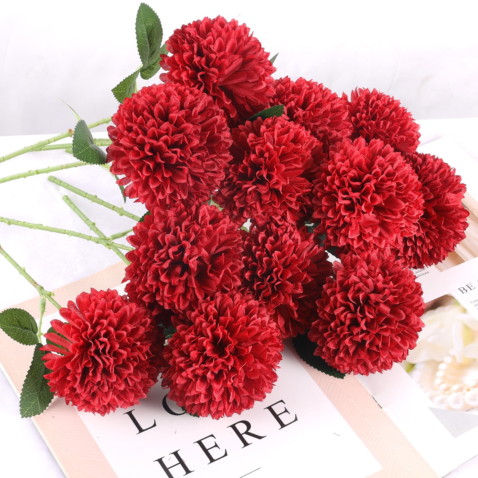 Hananona 12 Pcs Artificial Chrysanthemums Flowers Patriotic Flower, 4th of July Fake Mums Flowers Silk for Home Decor Indoor Memorial Day Table Centerpiece Vase not Included (12, Red, White, Blue)