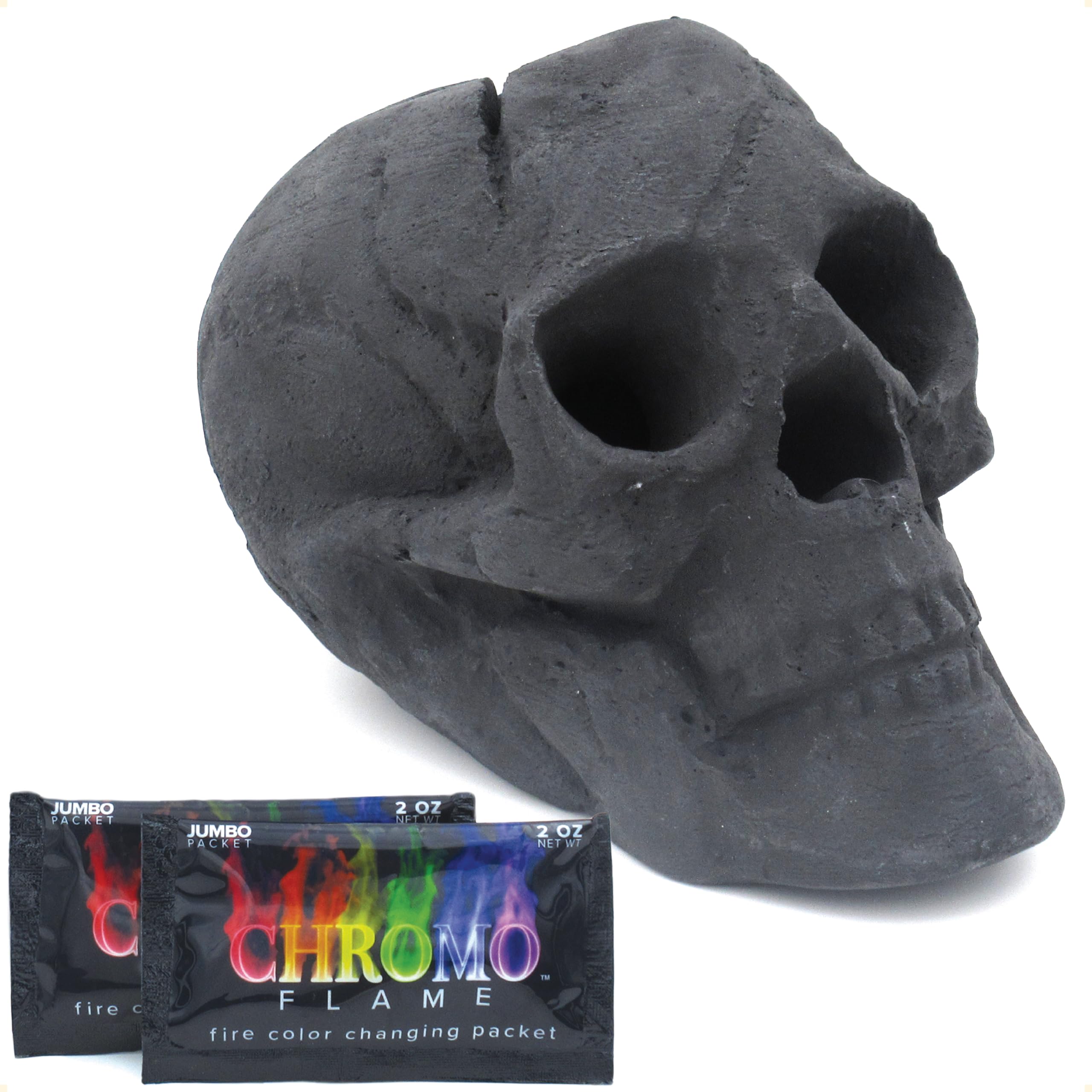 OSKER Fire Pit Skull with Fire Color Changing Packets | Ceramic Fireproof Log for Bonfire, Campfire, Fireplace, Firepit | Halloween Decor | Gas, Propane, or Wood Fires | 9 Inch - Light Beige
