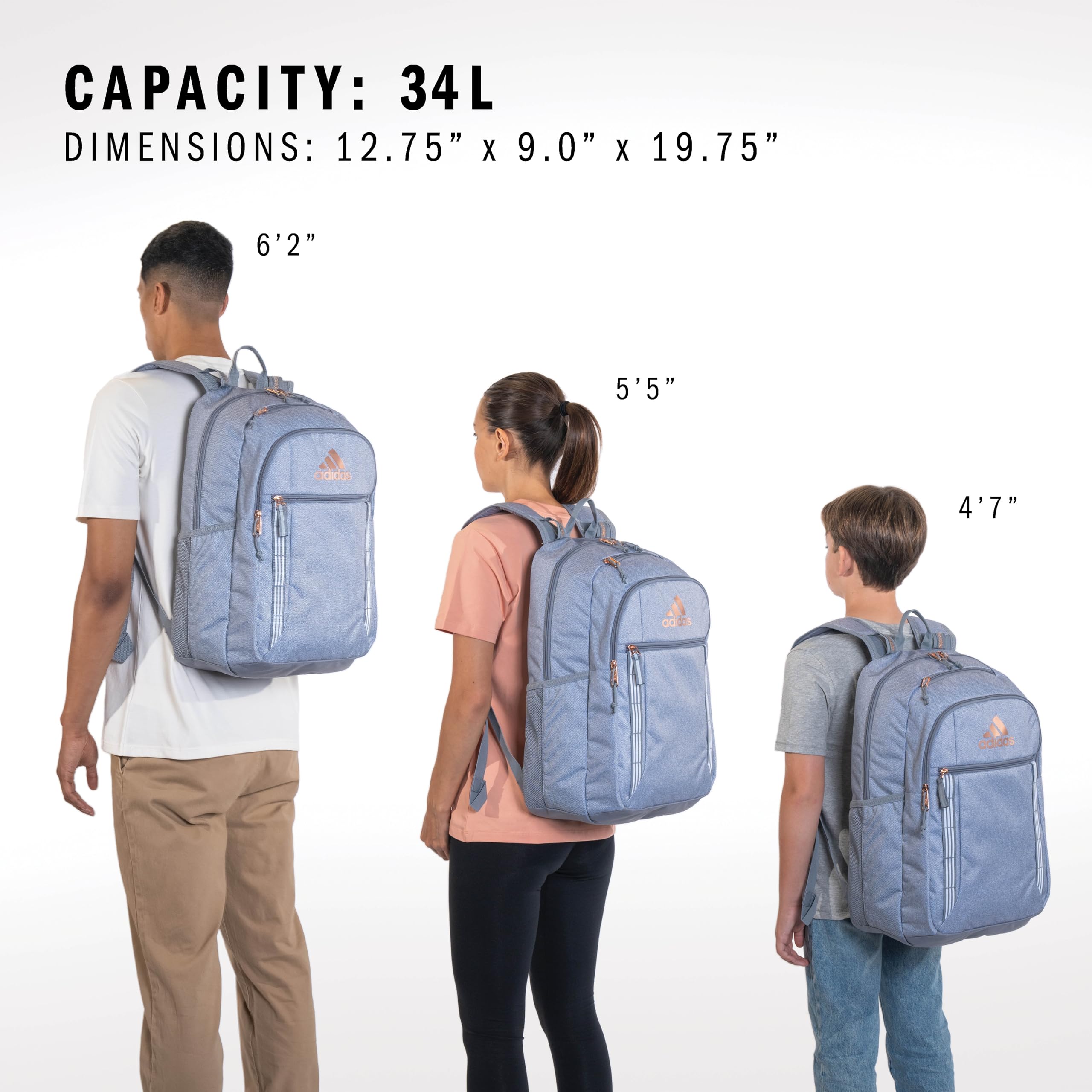 adidas Excel 7 School Backpack for Laptop, Gym and Travel, 34L, Twill White/Black/7.5, OSFA