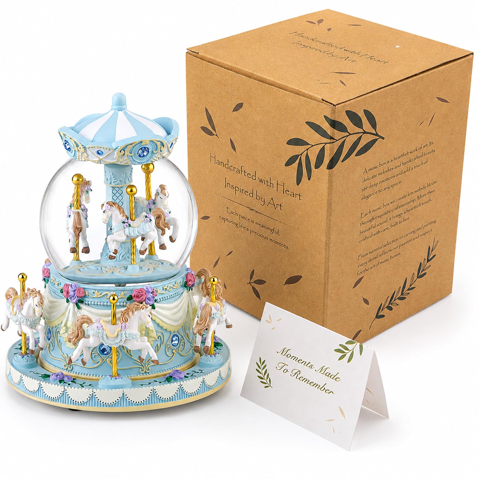 Blue Carousel Snow Globe Music Box with LED Lights, Rotating Horse Merry Go Round, Wind Up Musical Snow Globe Plays You are My Sunshine, Gift for Daughter Granddaughter Mom Women