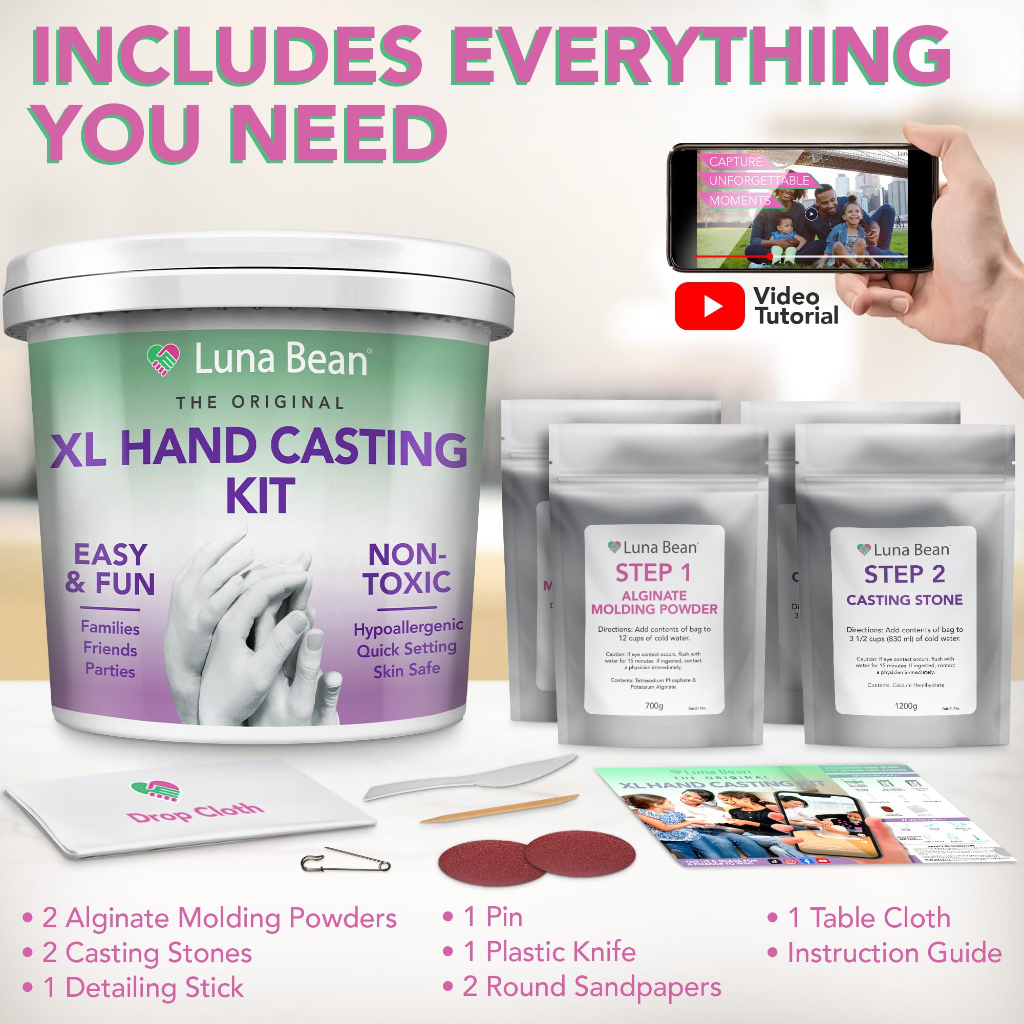 Luna Bean Hand Casting Kit – The Original Hand Mold Kit for Couples – Fathers Day Gift for Dad - Anniversary Engagement Birthday Gifts for Women Men Mom Wife Boyfriend Girlfriend Wedding Bridal Shower