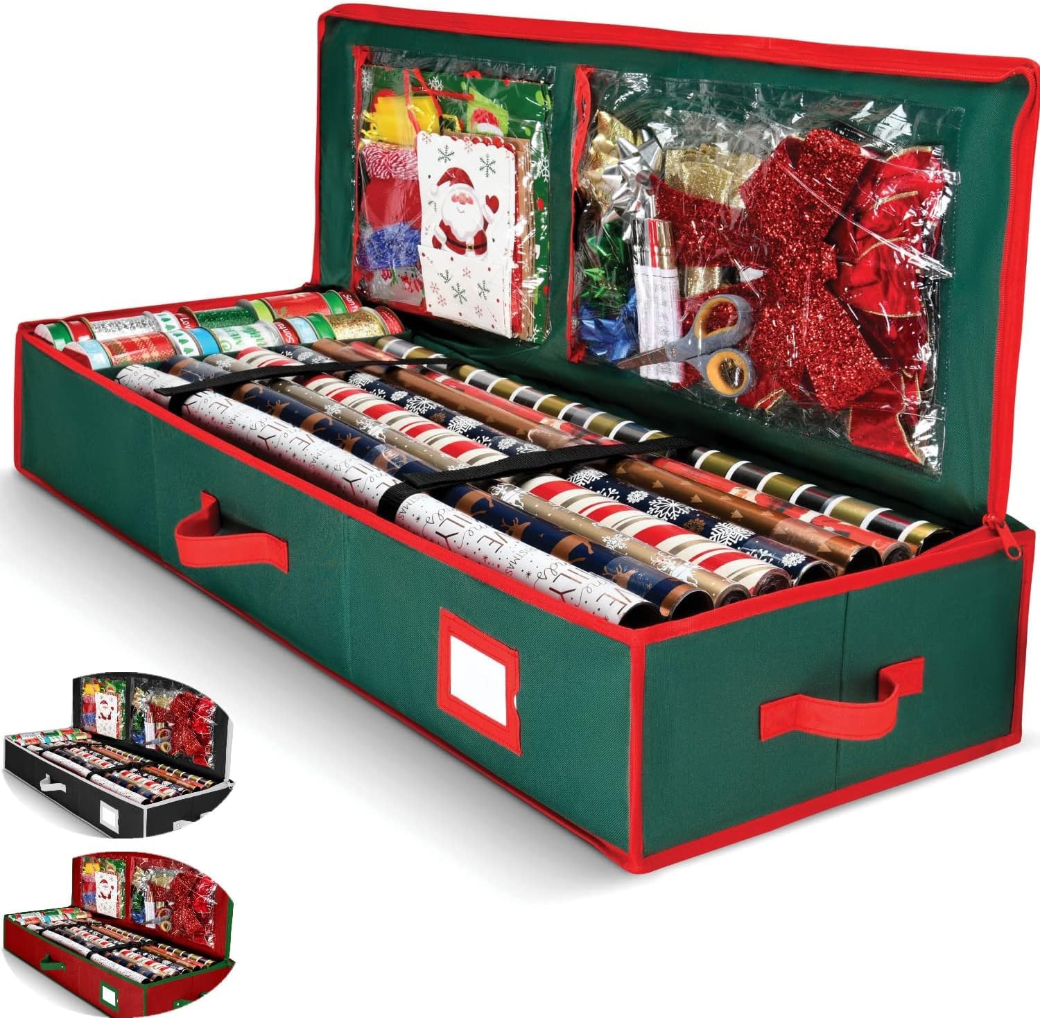 Premium Wrapping Paper Organizer Storage | Gift Wrap Holder With Extra Pockets for Christmas Decorations, Reinforced Handles, Heavy Duty, Ultra-Durable, Tear-Proof Fabric - Fits Up to 27 Rolls (Red)
