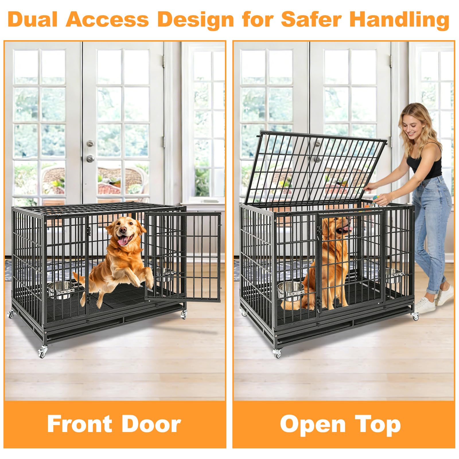 Homey Pet 37 Inch Heavy Duty Dog Crate for Medium Dogs, Stackable Dog Cage with Four Lockable Wheels, Removable Tray & Grid, Open Top, Escape Proof Dog Kennel Indoor