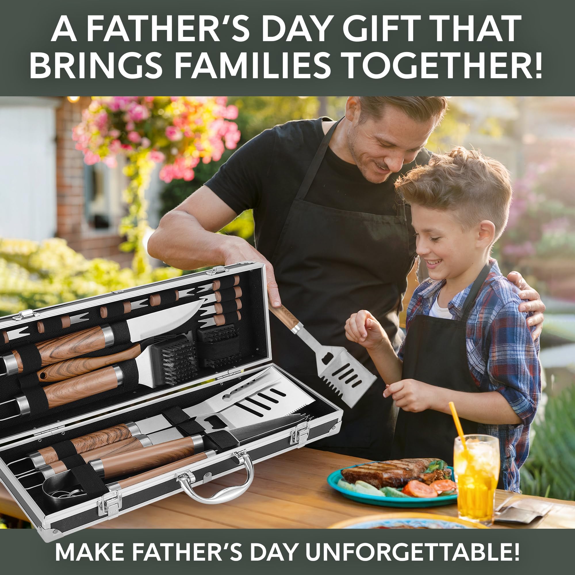 Kaluns Grilling Accessories, Dad Gifts for Fathers Day, Grilling Gifts, Heavy Duty Stainless Steel BBQ Tool Set for Outdoor Grill with Aluminum Case and Apron, Birthday Gifts for Men Women
