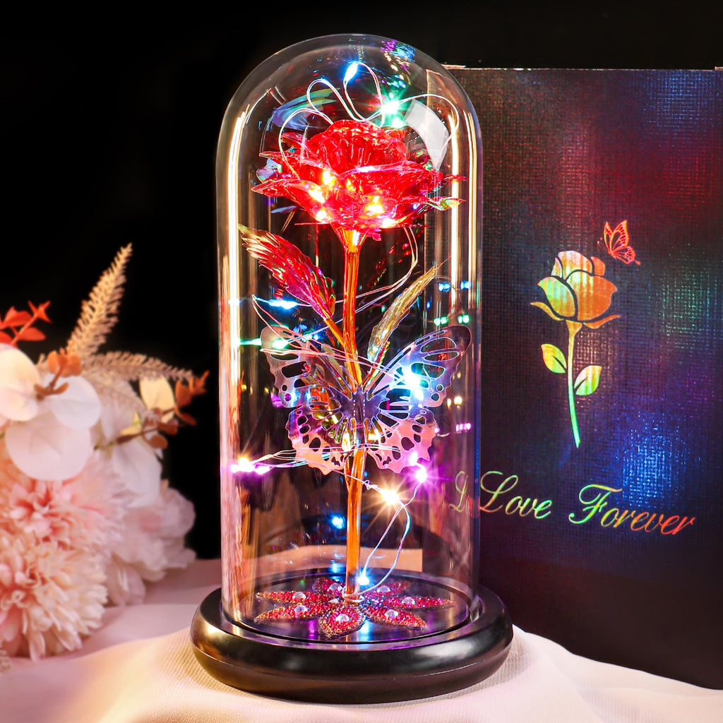 Pusuny Mothers Day Flowers Gifts for Mom Women Birthday Gift Galaxy Glass Rose Forever Eternal Crystal Flowers Rose in Glass Dome with Butterfly Mother's Day Roses Gifts for Mom Daughter Wife Purple