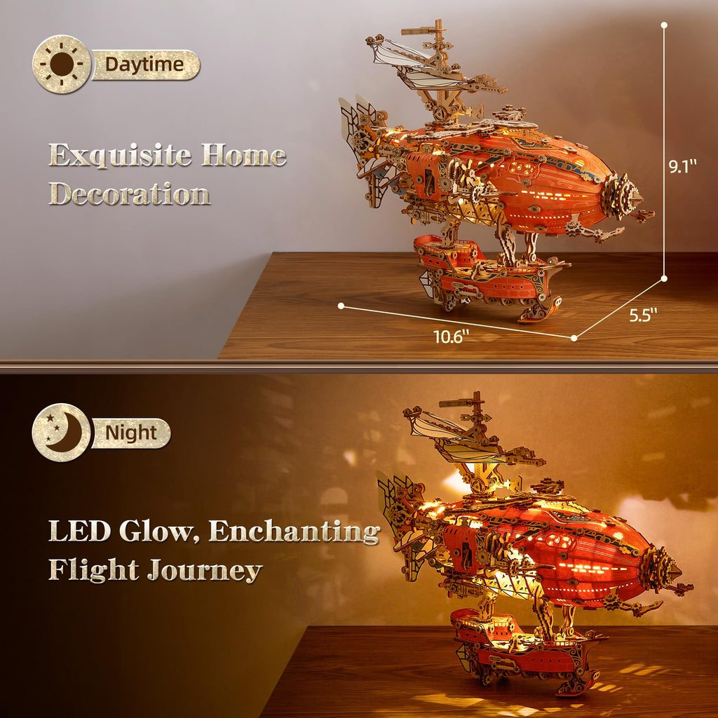 FUNPOLA LED 3D Wood Puzzle Fantasy Airship Model - Steampunk DIY Craft Kit with LED Lights – Intricate Wooden Airship Model Building Set for Teens and Adults(Gray)