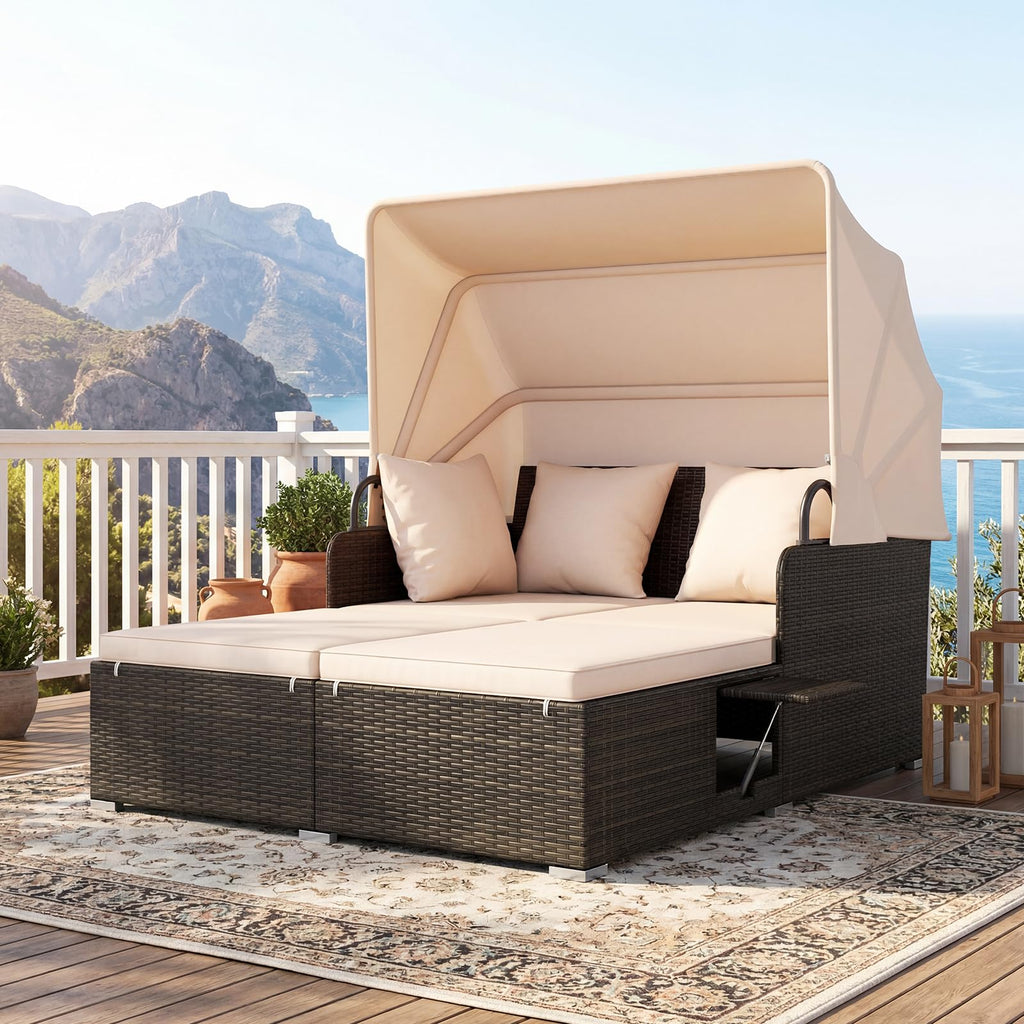 Tangkula Patio Rattan Daybed with Retractable Canopy, Outdoor Wicker Sunbed Lounger with 2 Foldable Side Tables, Thick Seat & Back Cushions, Outside Double Daybed for Garden, Backyard, Porch