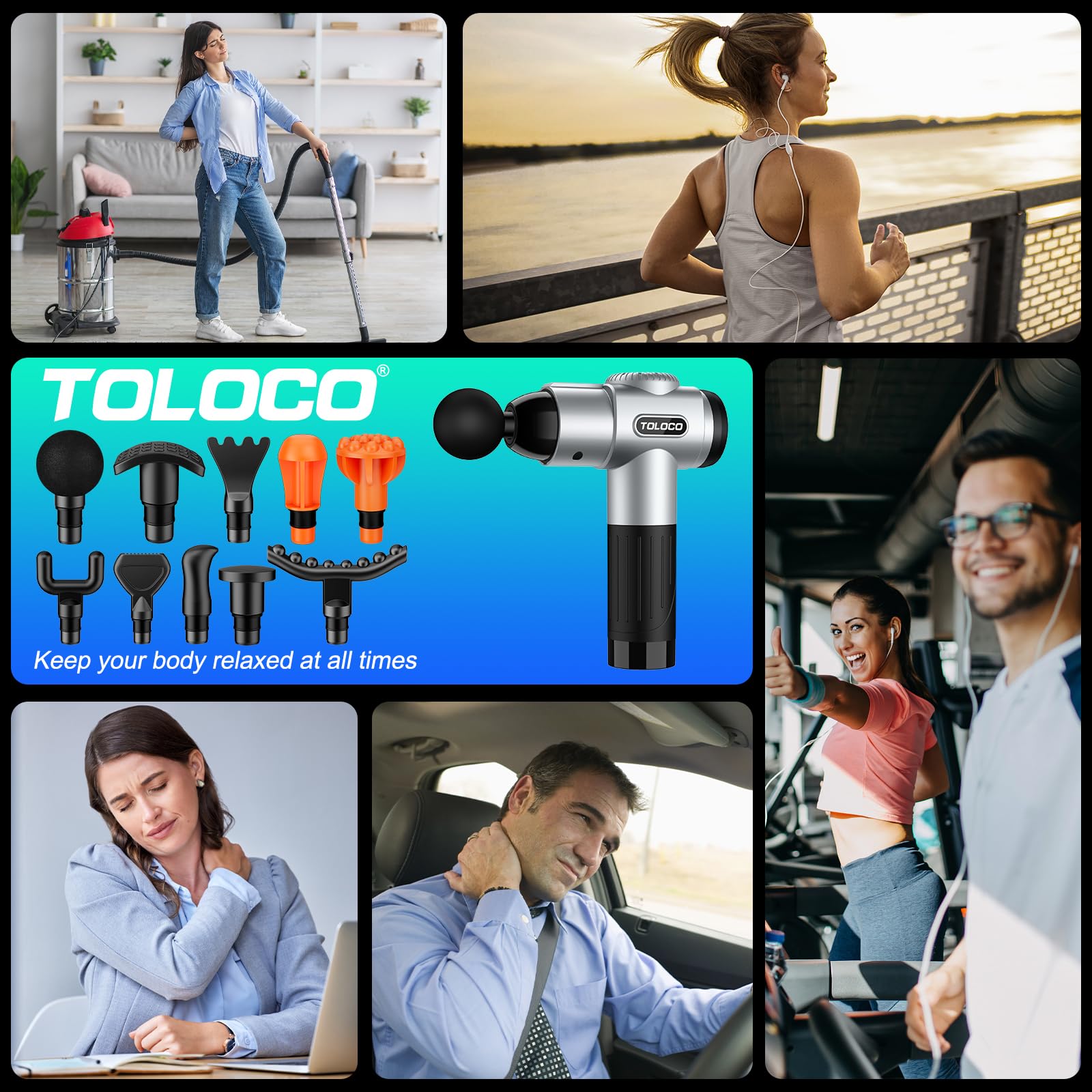 TOLOCO Massage Gun, Deep Tissue Back Massage for Athletes for Pain Relief, Percussion Massager with 10 Massages Heads & Silent Brushless Motor, Fathers Day Dad Gifts, Black