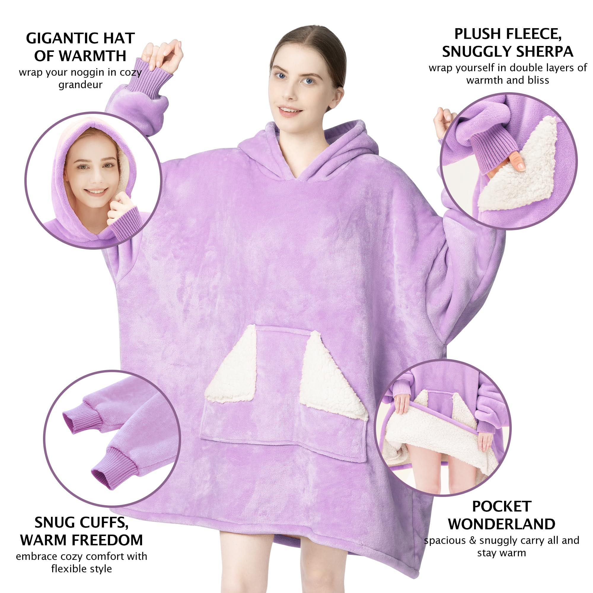 Touchat Wearable Blanket Hoodie, Oversized Sherpa Fleece Sweatshirt Blanket with Giant Hood Pocket and Sleeves for Adult, Warm & Cozy Grey Blanket Gifts for Women