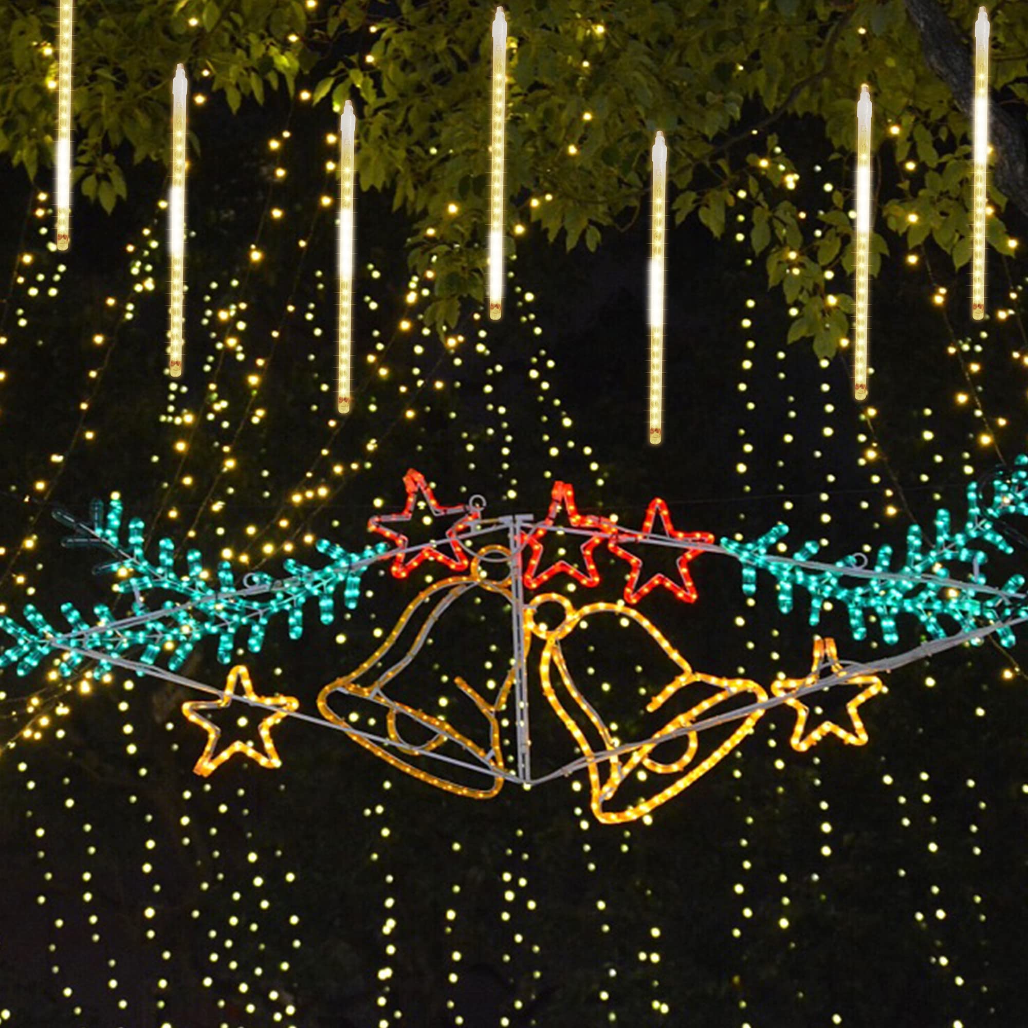 Meteor Outdoor Icicle Lights - 12 Inch, 288 LED, Snow Falling, Connectable, Red & Green, Xmas Wedding Party Tree Decor