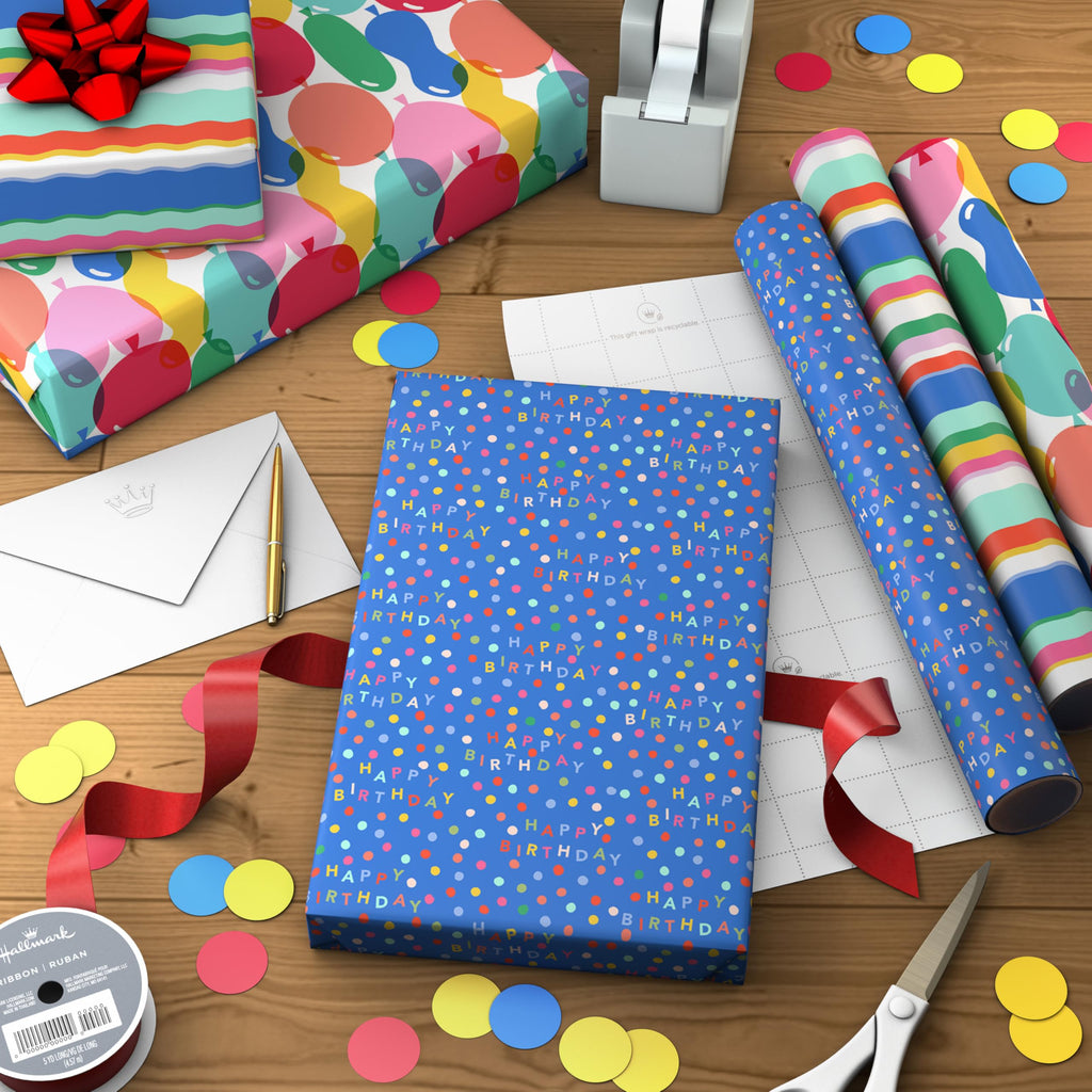 Hallmark All Occasion Wrapping Paper Bundle with Cut Lines on Reverse (Pack of 6; 180 sq. ft. ttl.) Solids, Polka Dots & Stripes for Birthdays, Easter, Mothers Day, Weddings, Baby Showers (5JXW1746)