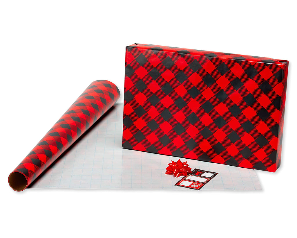 American Greetings Christmas Wrapping Paper, Red and Black Buffalo Plaid Holiday Gift Wrap Set (120 sq.ft., 4 rolls-30 in. x 12 ft., 7 Adhesive Bows, 30 Gift Tag Stickers) Rustic, Snowflakes, Reindeer