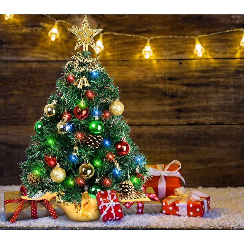 Tabletop Christmas Tree 21.65 Inch Mini Artificial Christmas Tree with 20 LED String Lights, Star Tree, Pine Cones Ornaments, Small Xmas Tree for Holiday Indoor DIY Christmas Decor