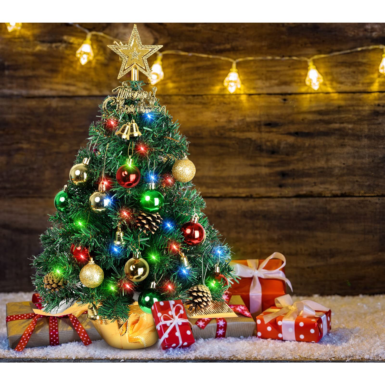 Tabletop Christmas Tree 21.65 Inch Mini Artificial Christmas Tree with 20 LED String Lights, Star Tree, Pine Cones Ornaments, Small Xmas Tree for Holiday Indoor DIY Christmas Decor