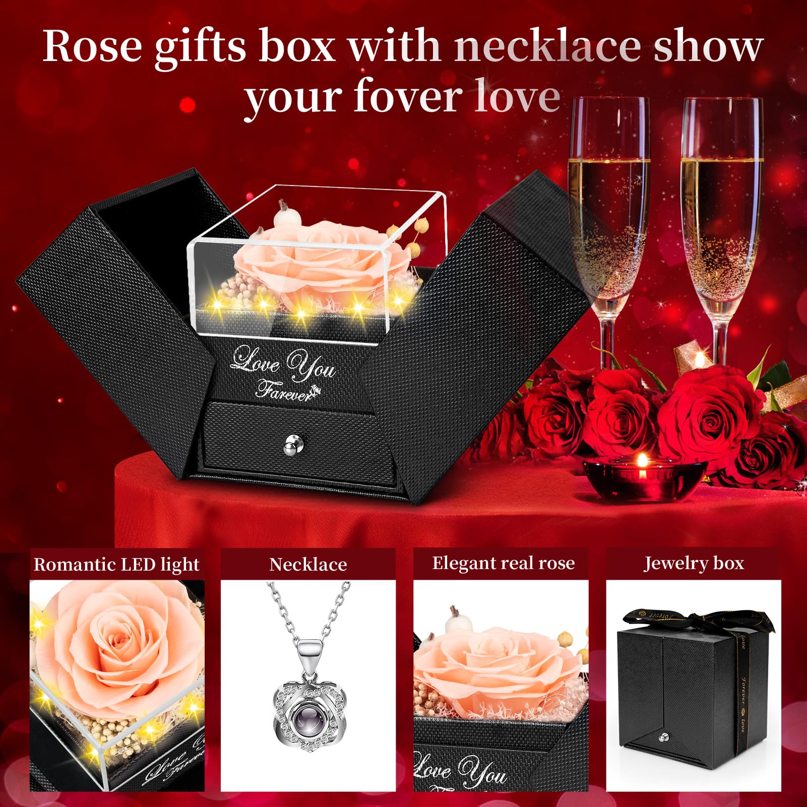Lebana Preserved Red Real Rose with Heart I Love You Necklace -Mothers Day Gifts for Mom Her Wife Girlfriend Grandma on Valentines Mothers Day Christmas Birthday Anniversary Romantic-Red