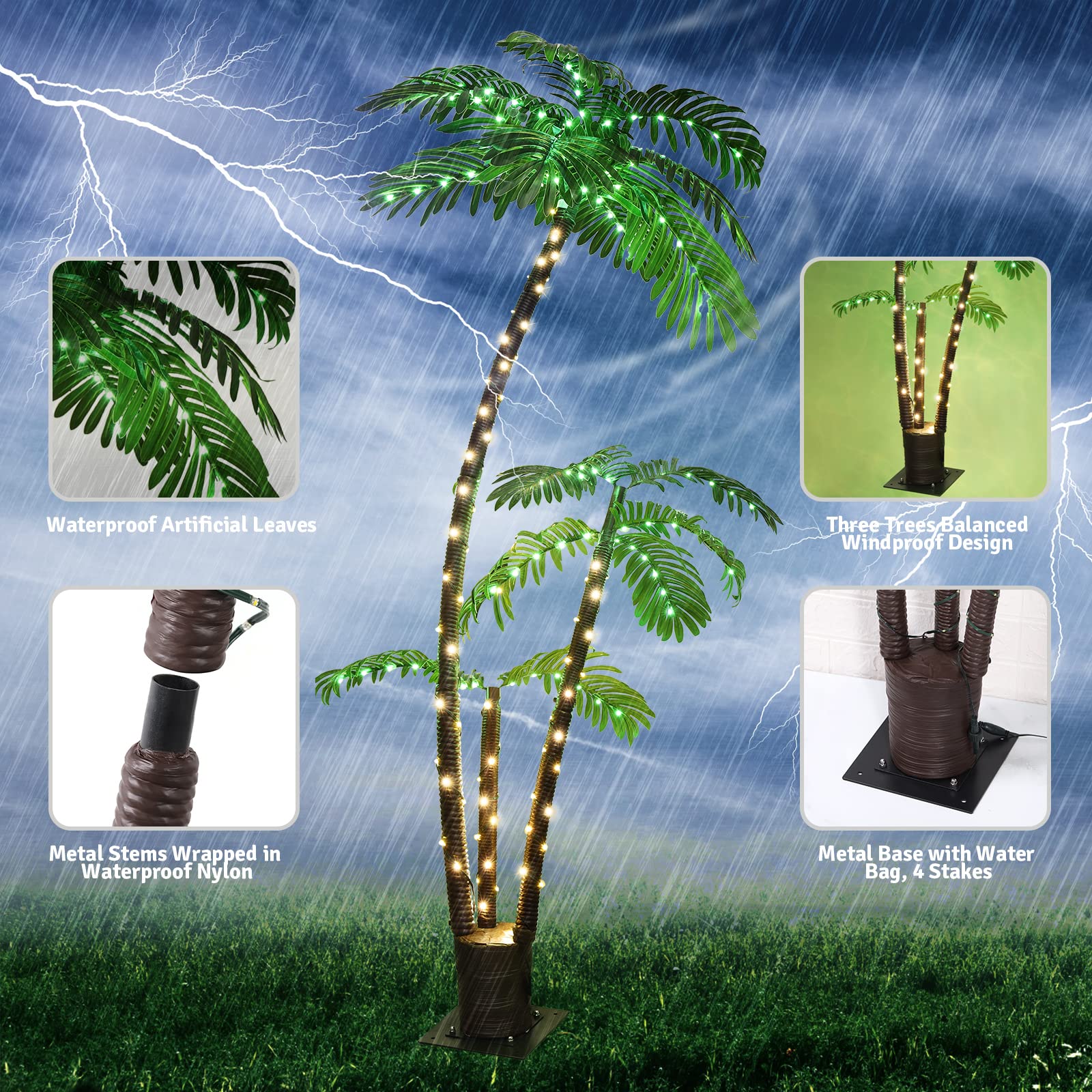 OUSHENG Lighted Palm Tree Bar Outdoor Christmas Decorations Decor, Light Up LED Artificial Fake Faux Trees Lights for Outside Patio Yard Pool Porch Deck Party Tropical, 6FT
