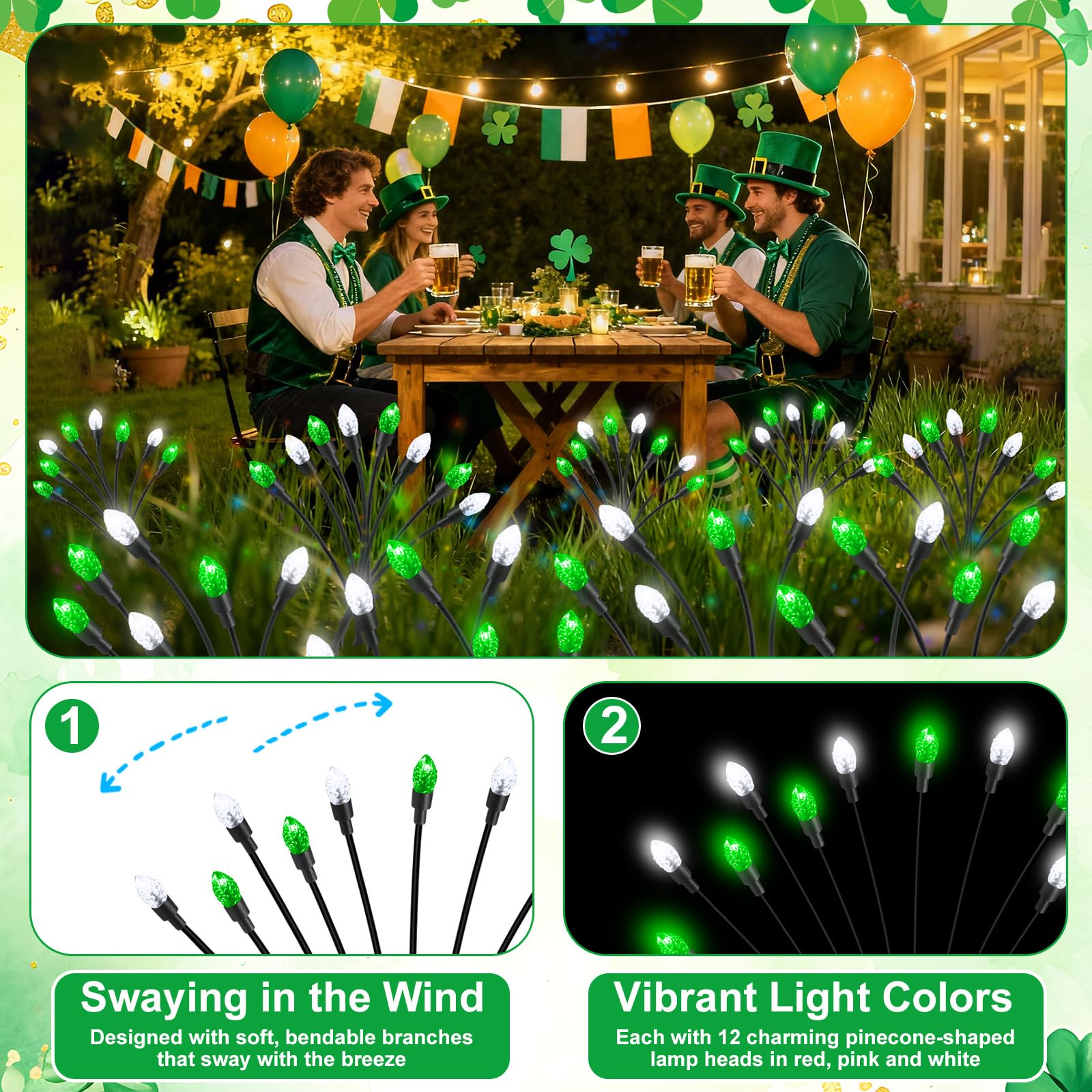 Rossesay 4 Pcs St Patricks Day Outdoor Decorations Solar Lights Waterproof Green 48 LED Swaying Pathway Firefly Stake Lights for Outside Yard Garden Lawn Decorations(Green White,Pine Cone)