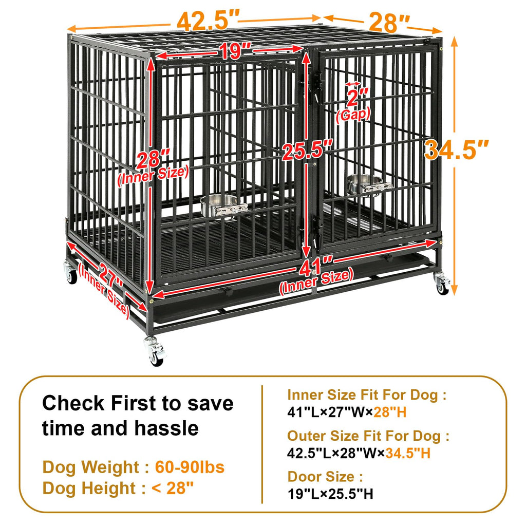 Homey Pet 37 Inch Heavy Duty Dog Crate for Medium Dogs, Stackable Dog Cage with Four Lockable Wheels, Removable Tray & Grid, Open Top, Escape Proof Dog Kennel Indoor