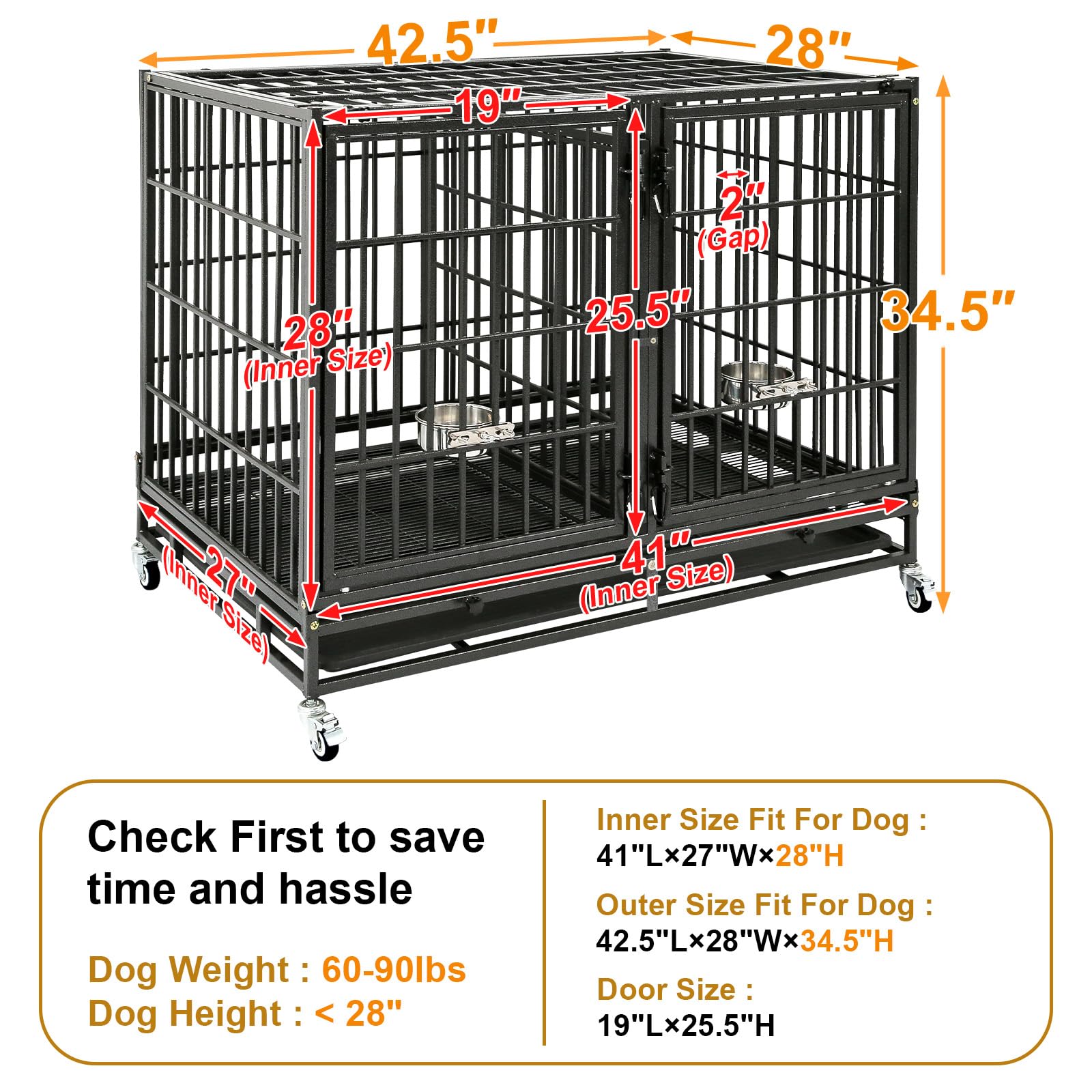 Homey Pet 37 Inch Heavy Duty Dog Crate for Medium Dogs, Stackable Dog Cage with Four Lockable Wheels, Removable Tray & Grid, Open Top, Escape Proof Dog Kennel Indoor