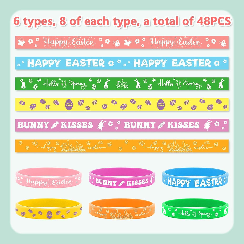 Lesnala 48 PCS Easter Rubber Wristband Theme Party Bunny Egg Carrot Silicone Bracelet for Kids Teens Women Men Gifts Holiday Accessories Basket Stuffers Supplies