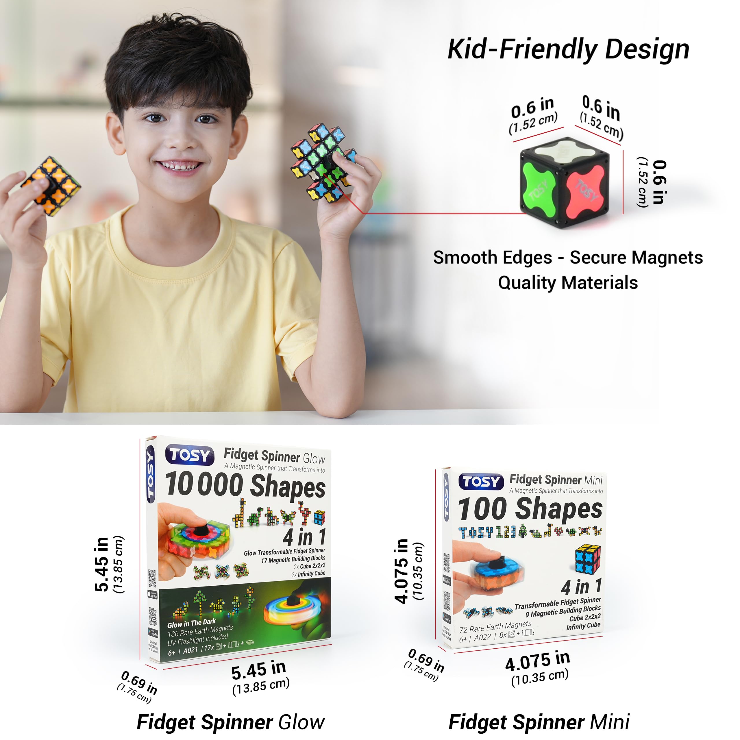 TOSY Magnet Fidget Spinner Mini - 8 Blocks, 3 in 1 Toy: Transformable Fidget Spinner, Infinity Cube, 2x2 Puzzle Cube, Easter Basket Stuffers for Kids/Adults, STEM Sensory Stress Relief Toy