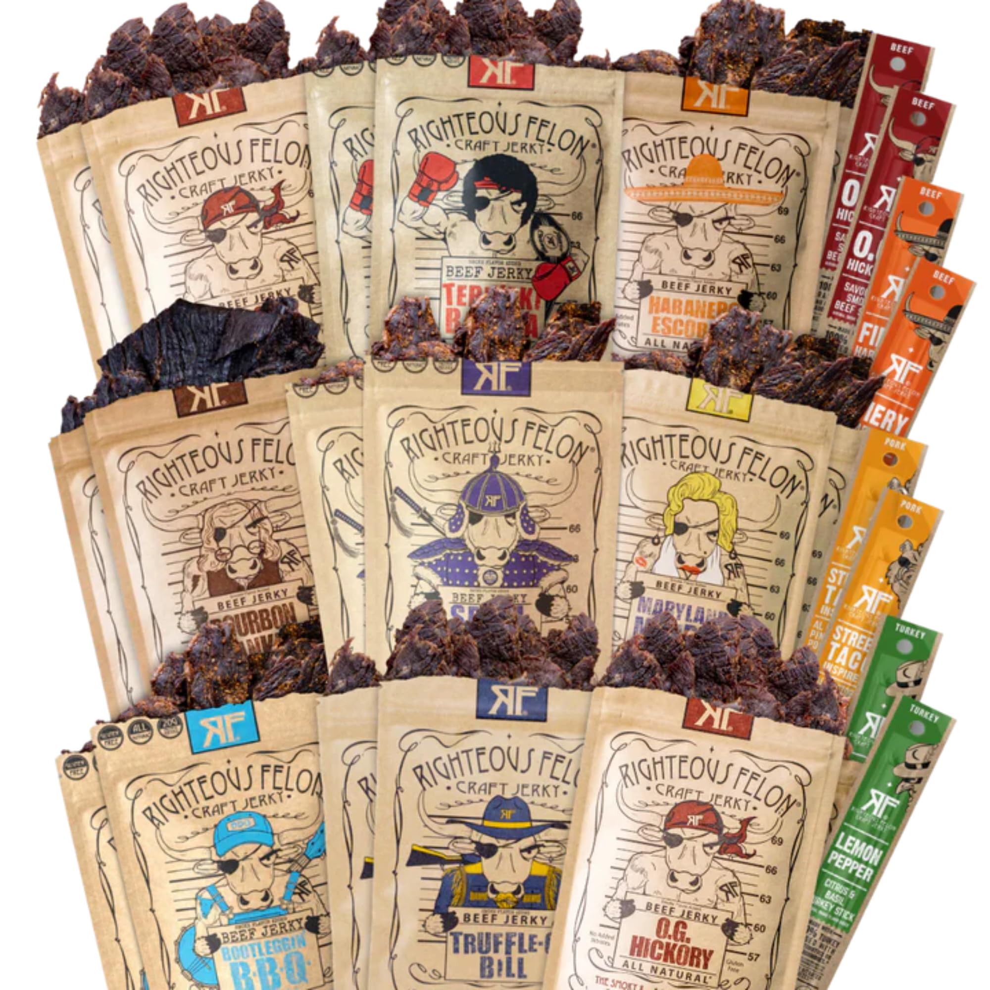 Righteous Felon Beef Jerky & Meat Sticks Variety Pack - Father's Day Jerky Sampler for Dad - Gluten Free Beef Jerky Snack Packs - High Protein, Keto, Low Sugar - Gifts for Men - 11 Pack Sampler