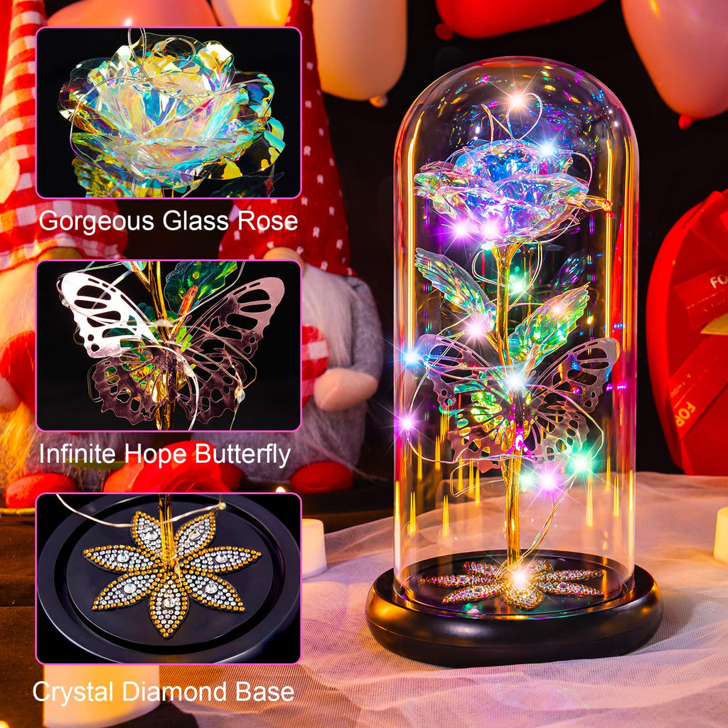Pusuny Mothers Day Flowers Gifts for Mom Women Birthday Gift Galaxy Glass Rose Forever Eternal Crystal Flowers Rose in Glass Dome with Butterfly Mother's Day Roses Gifts for Mom Daughter Wife Purple