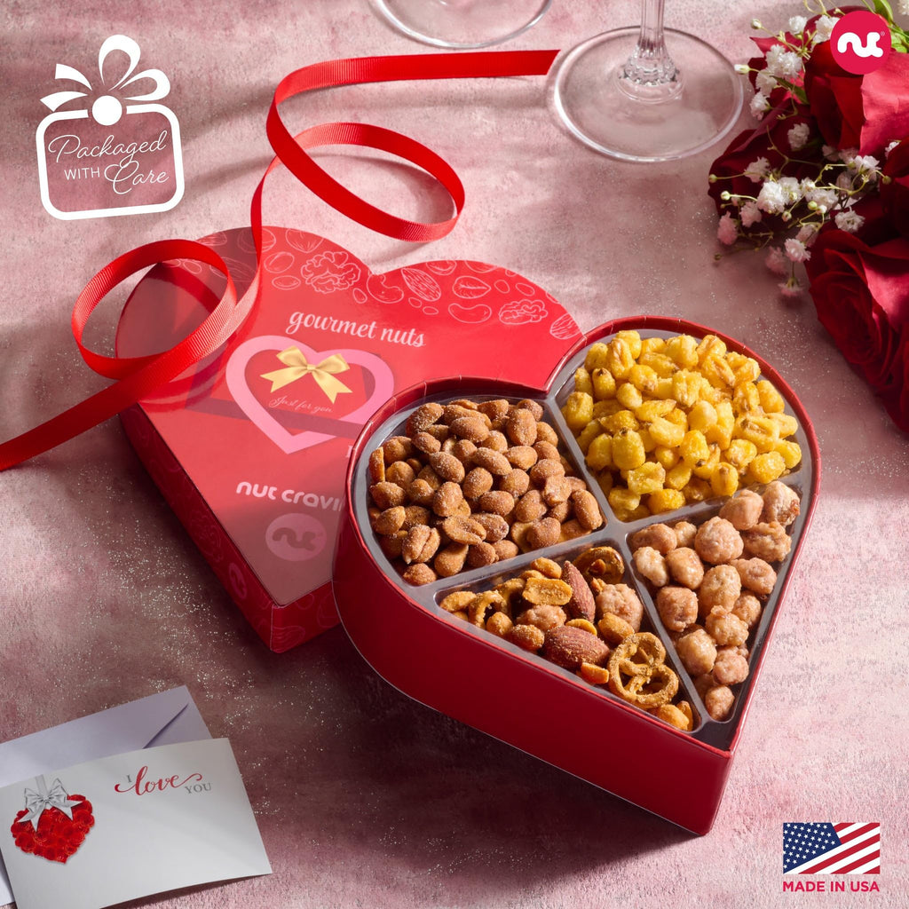 NUT CRAVINGS - Fathers Day Treats, Gift For Dad, Mixed Nuts Heart Shaped Gift Basket, Love in A Box (6 Assortments, 2 LB) Romantic Food Arrangement, Healthy Snack Care Package, Food Assortments