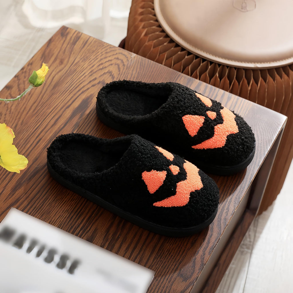 Halloween Slippers for Women Retro Soft Cozy Comfy Plush Lightweight Slip-on Indoor Outdoor Anti-Skid Sole Christmas House Shoes