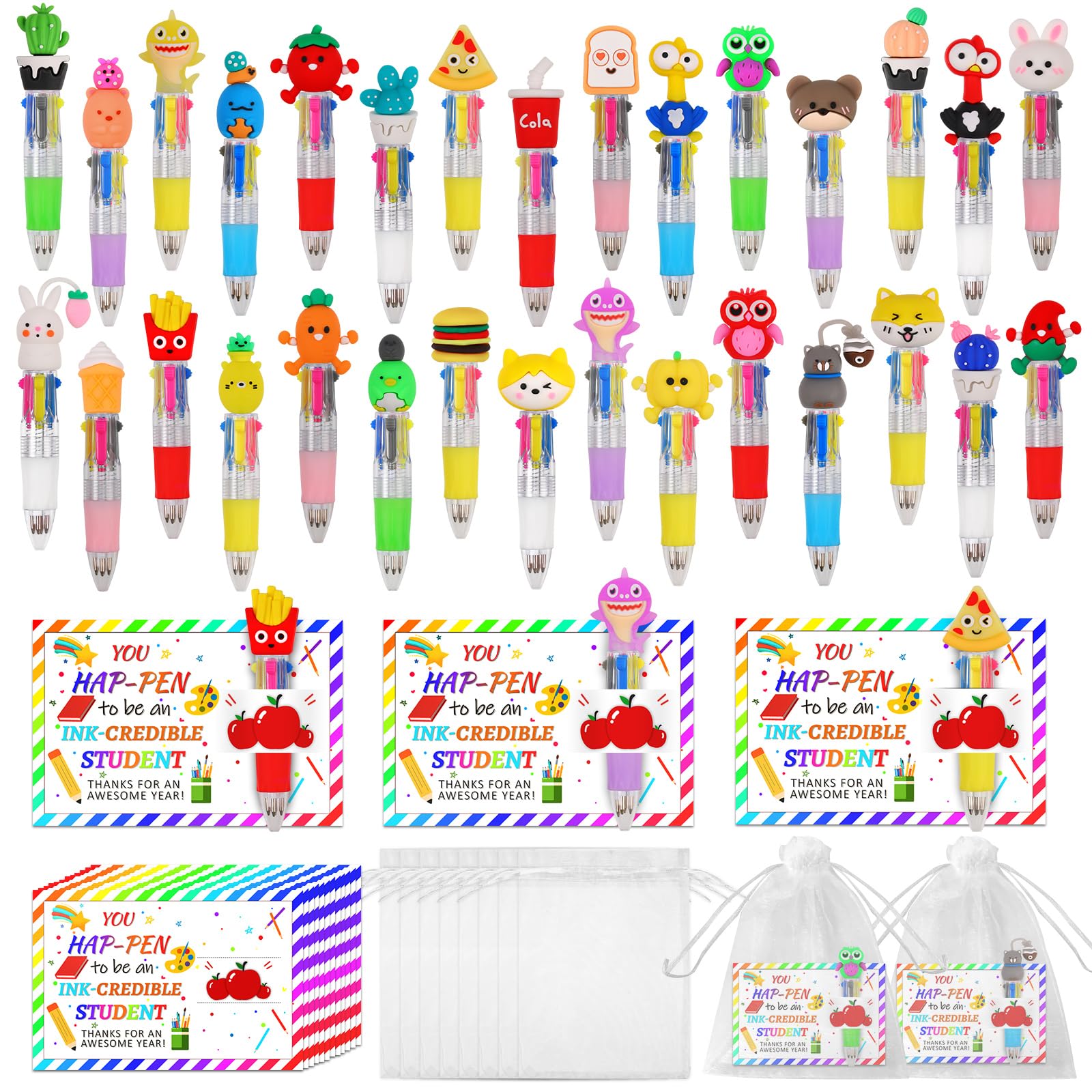 CZWZ 20Pcs Mini Multicolor Pens in One 4-in-1 Cute Pens Bulk for Kids, Fun Kawaii Ballpoint Pens for Birthdays and Children's Party Favors Gifts Teacher School Supplies