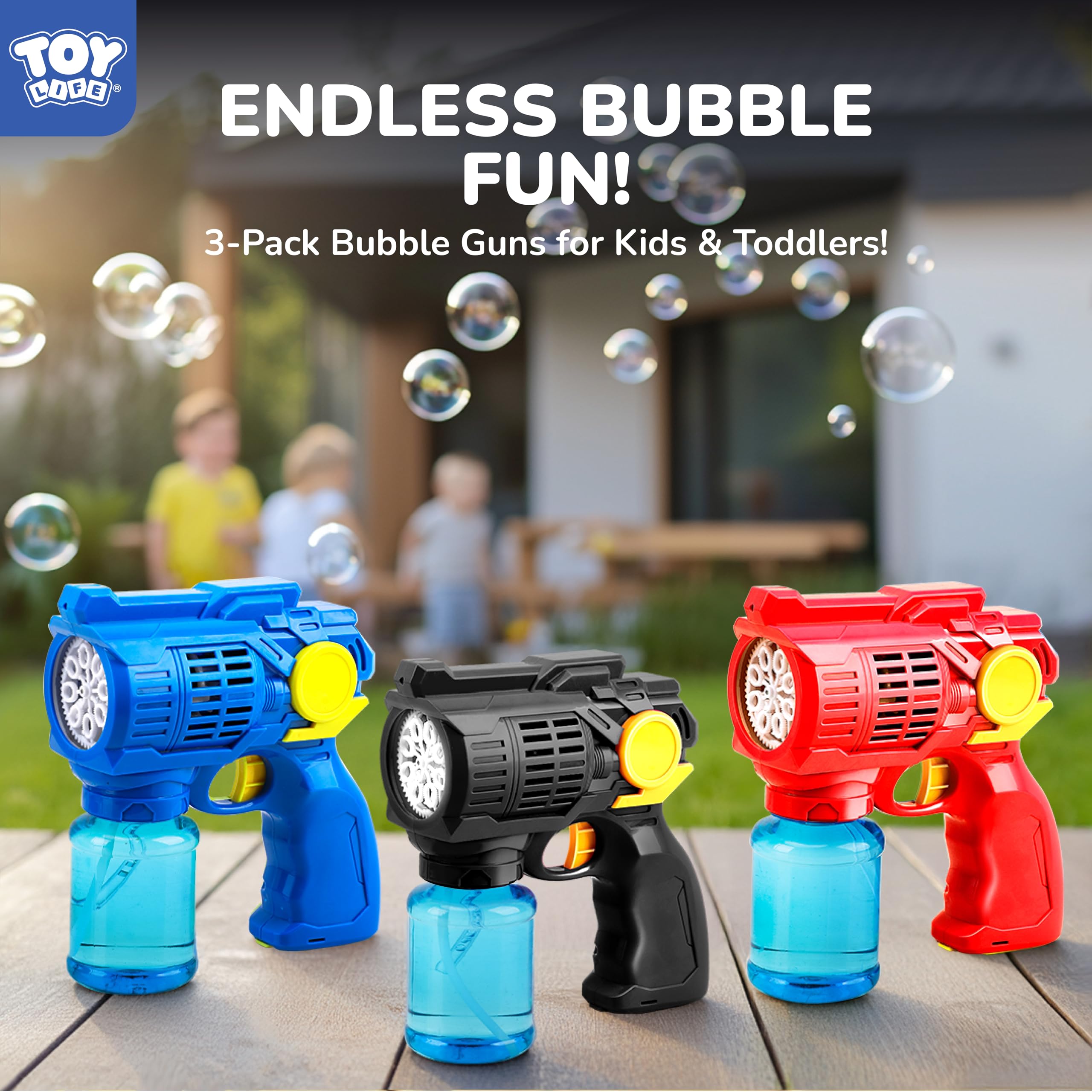 TOY Life 3 Pack Bubble Guns for Kids, Automatic Bubble Blower, Leakproof & Lightweight, Outdoor Summer Toys for Beach Travel, Easter Basket Stuffer, Party Favor, Birthday Gift for Toddlers Boys Girls