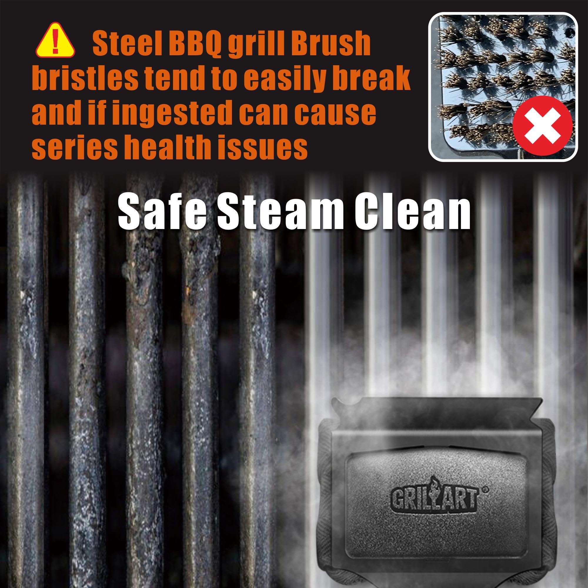 GRILLART Grill Brush Bristle Free. SteamWizards BBQ Replaceable Cleaning Head, Unique Seamless-Fit Scraper Tool for Cast Iron/Stainless-Steel Grates, Safe Barbecue Grill Cleaner-Red