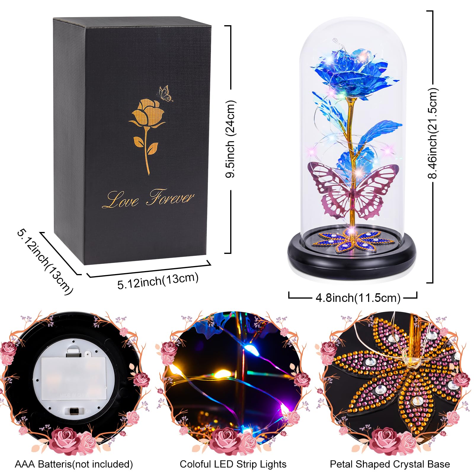 Pusuny Mothers Day Flowers Gifts for Mom Women Birthday Gift Galaxy Glass Rose Forever Eternal Crystal Flowers Rose in Glass Dome with Butterfly Mother's Day Roses Gifts for Mom Daughter Wife Purple