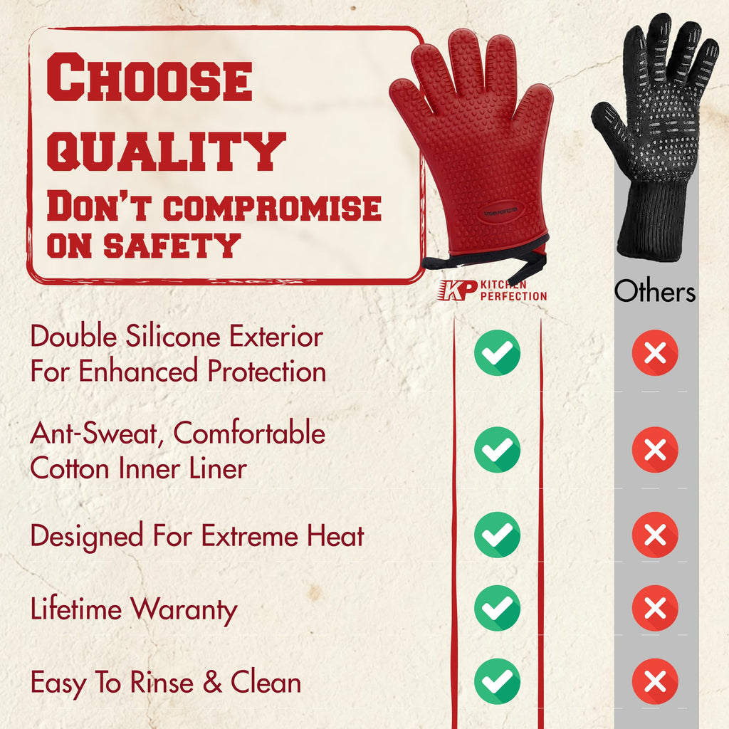 KITCHEN PERFECTION Silicone Oven & Griddle Gloves -Extreme Heat Resistant BBQ & Grilling Gloves -Handle Hot Food Right on Your Griddle |Waterproof Oven Mitts Grill Gloves |Superior Set+3 Bonuses
