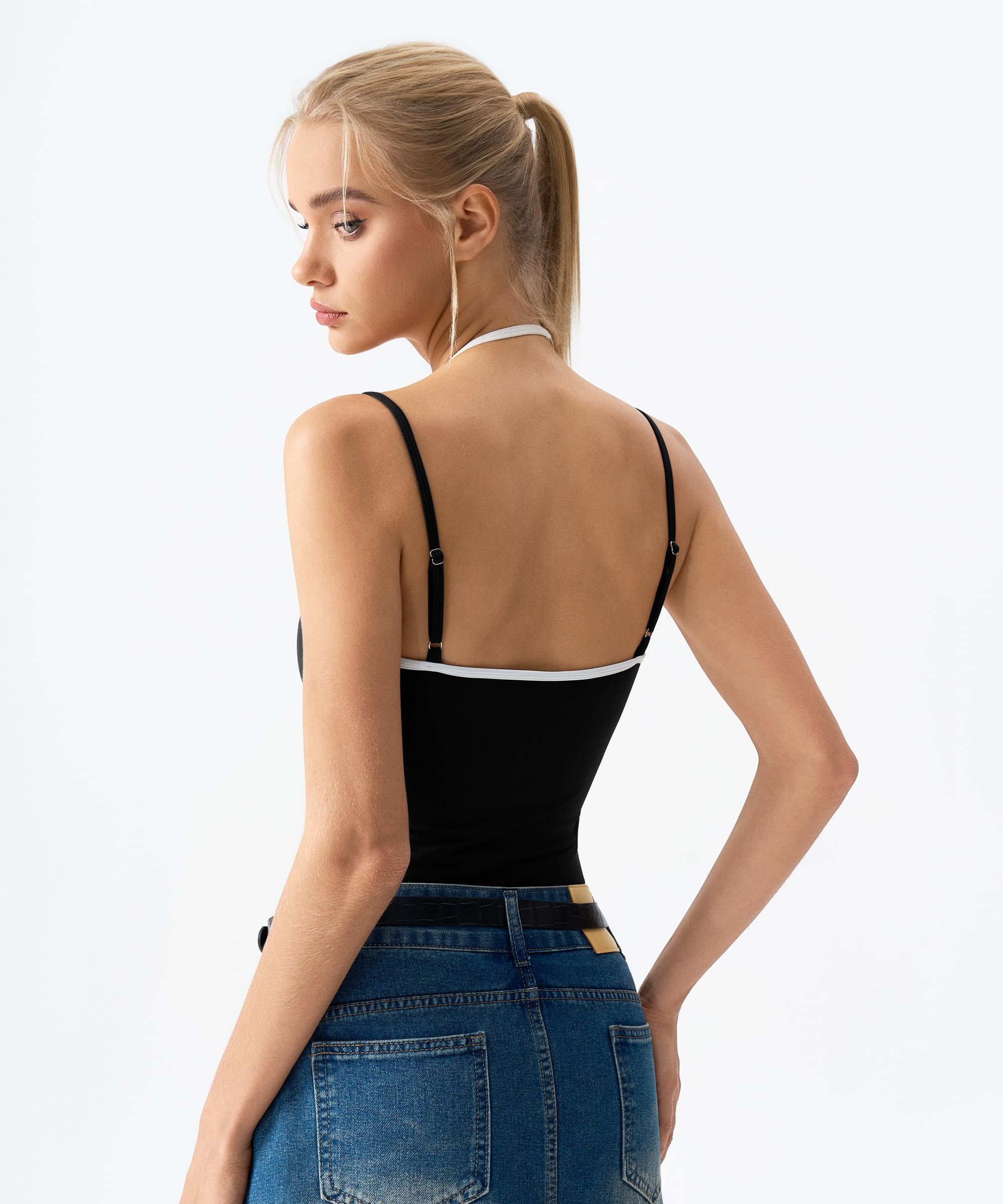 QINSEN Women's Spaghetti Strap Tank Top Slim Fitting Layered Halter Neck Sleeveless Crop Cami Shirt