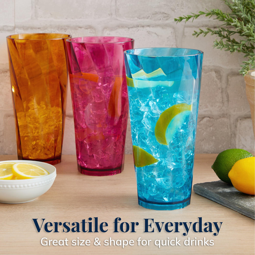 US Acrylic Optix Plastic Reusable Drinking Glasses (Set of 8) 20oz Water Cups in Jewel Tone Colors | BPA-Free Tumblers, Made in USA | Top-Rack Dishwasher Safe