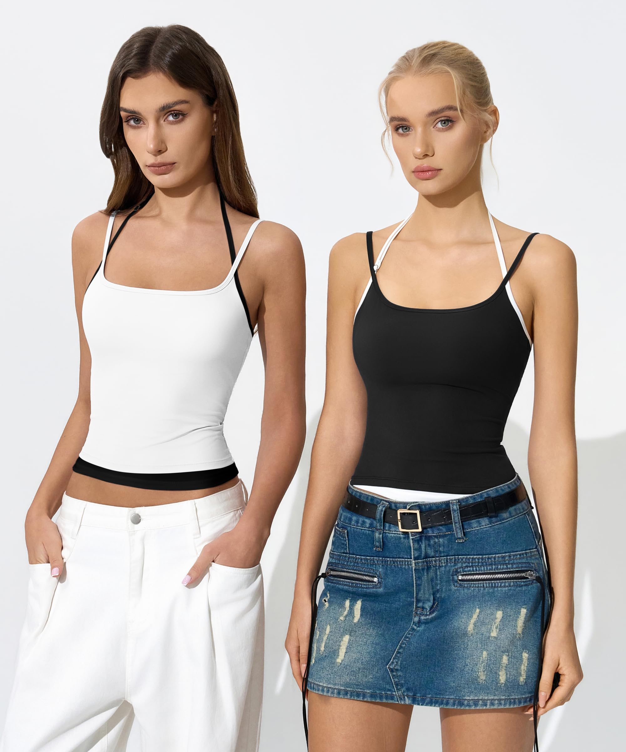 QINSEN Women's Spaghetti Strap Tank Top Slim Fitting Layered Halter Neck Sleeveless Crop Cami Shirt