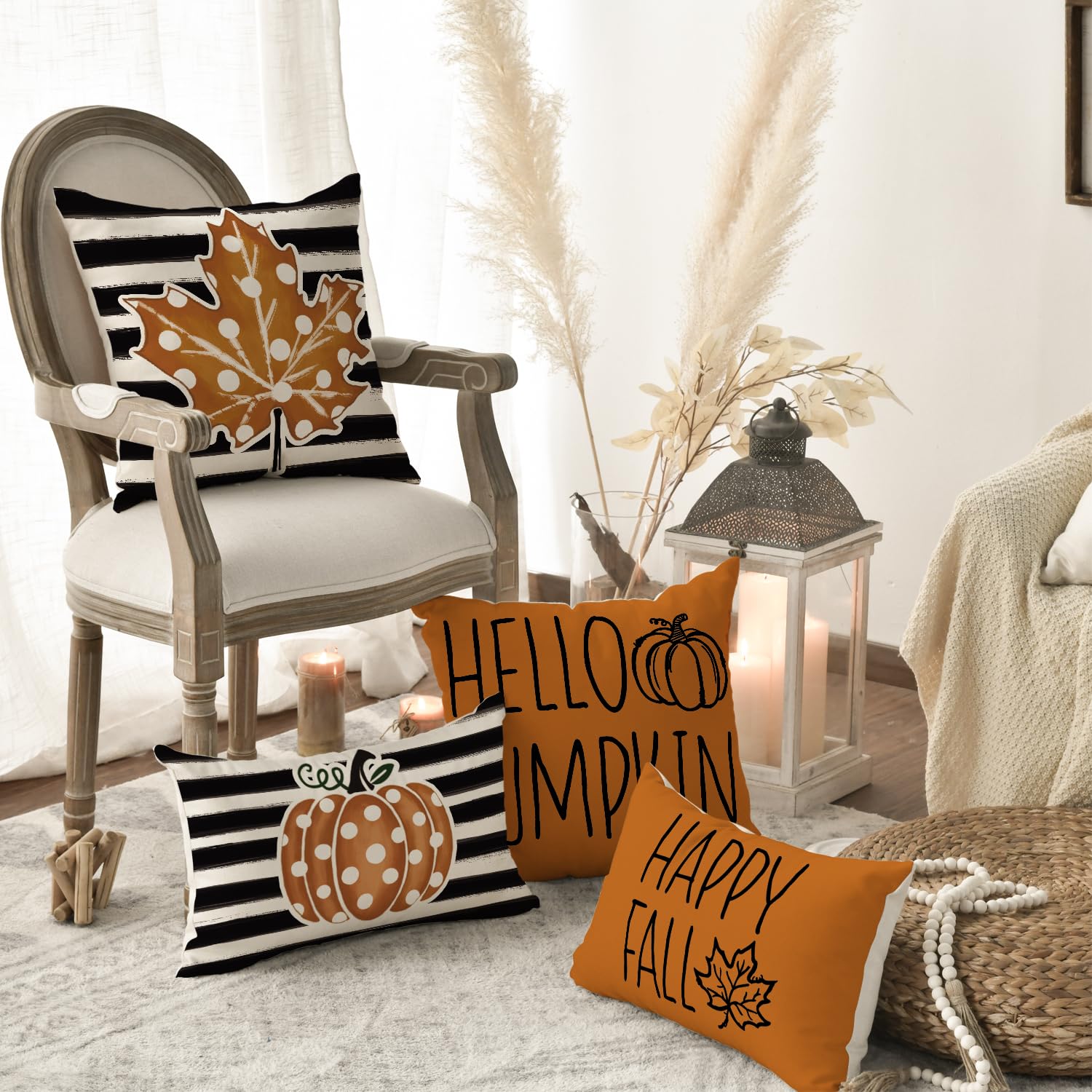 AVOIN colorlife Happy Fall Hello Pumpkin Throw Pillow Covers, 18 x 18 Inch Autumn Thanksgiving Harvest Polka Dot Maple Leaf Decorations for Sofa Couch Set of 4
