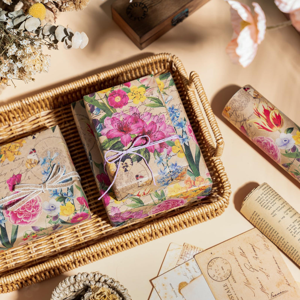 WRAPAHOLIC Kraft Floral Wrapping Paper Roll - Mini Roll - 17 Inch x 9.8 Feet - Spring Summer Garden Flower Design Perfect for Wedding, Bridal Shower, Birthday