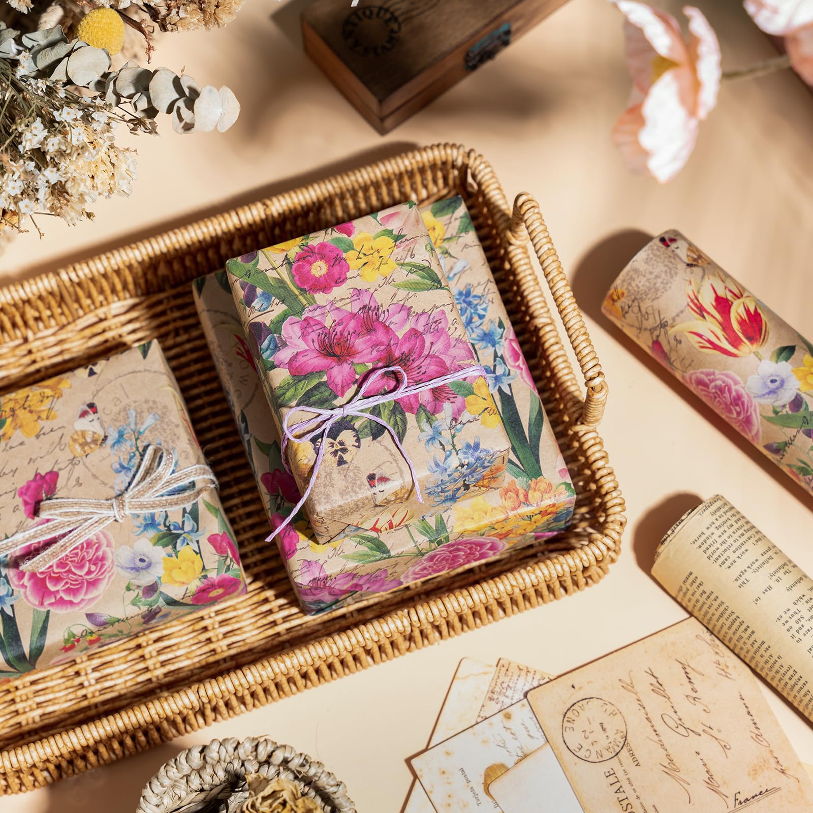 WRAPAHOLIC Kraft Floral Wrapping Paper Roll - Mini Roll - 17 Inch x 9.8 Feet - Spring Summer Garden Flower Design Perfect for Wedding, Bridal Shower, Birthday