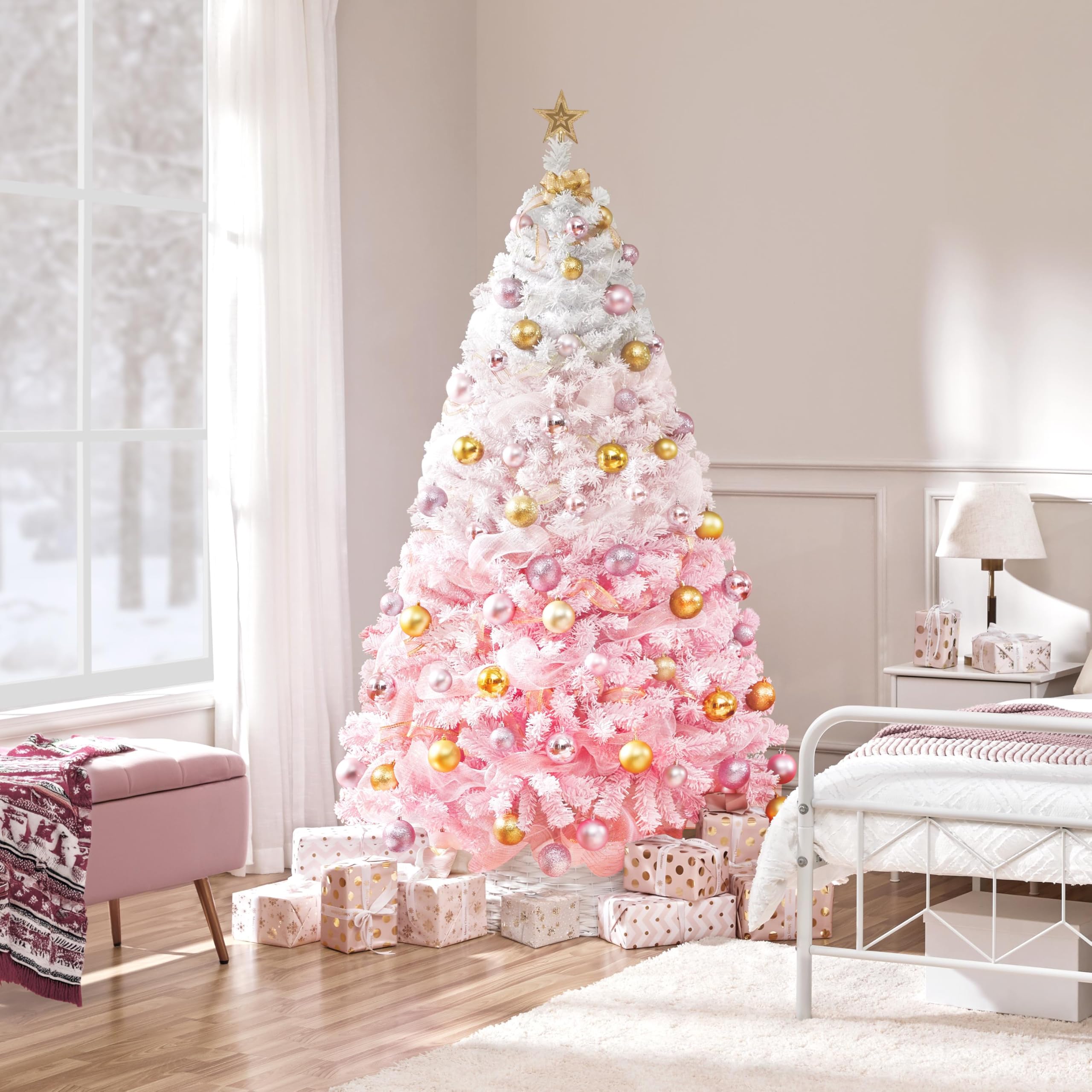 Yaheetech 6ft Snow Flocked Pre-lit Christmas Tree with 250 Warm White Lights, 820 Lush Branch Tips & Quick-Assembly Hinged Design, Full Artificial Xmas Tree for Winter Holiday Décor, Green & White
