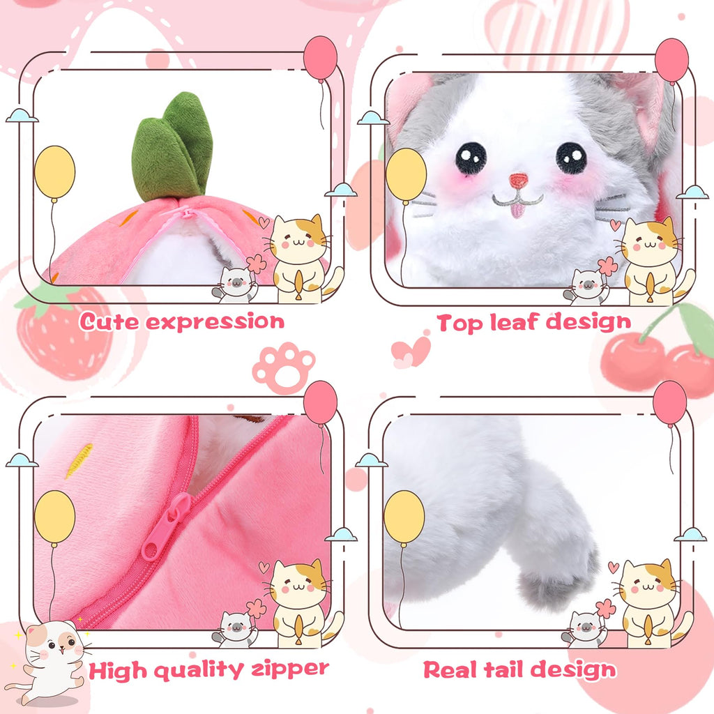 MIAODAM Bunny Stuffed Animal Reversible Cuddle Bunny Stuffed,Strawberry Bunny Transformed Rabbit Plush Zipper,Turns Into Ears Bunnies Plushies Toy Cute Stuffy Doll Easter