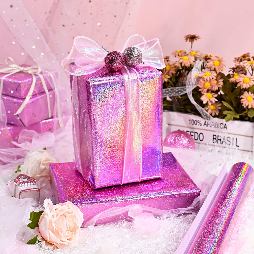 Burymento Black Wrapping Paper Roll, Metallic Holographic Stripe Gift Wrap for Birthday, Valentines, Mothers day, Graduation, Wedding, Fathers day, Baby Shower, Christmas (17 IN x 32.8 FT)