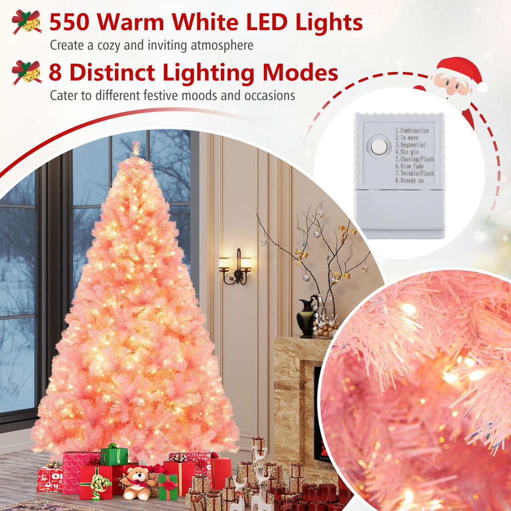 Goplus 7FT Pre-Lit Artificial Christmas Tree Auto-Spread/Close up Branches 11 Flash Modes with Multicolored 400 LED Lights & Metal Stand