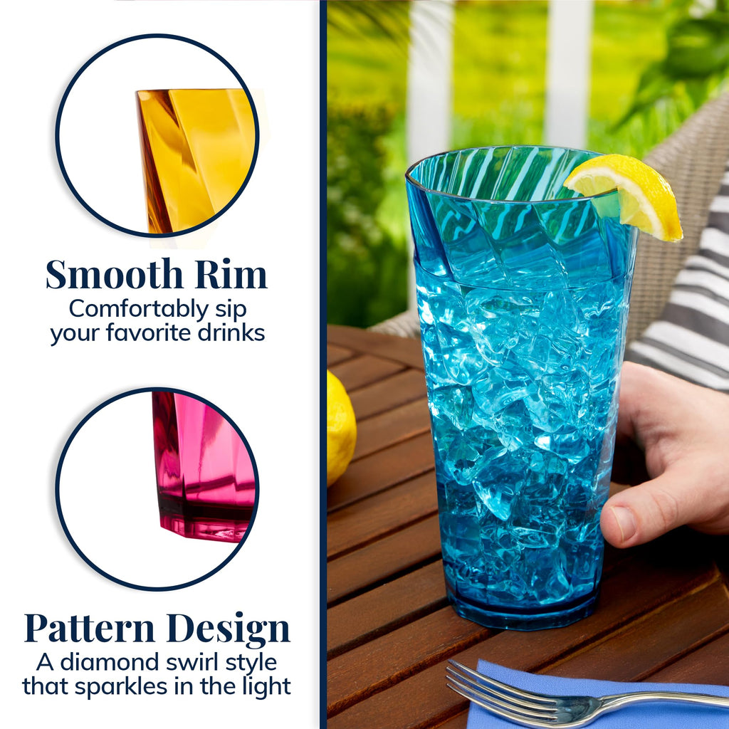 US Acrylic Optix Plastic Reusable Drinking Glasses (Set of 8) 20oz Water Cups in Jewel Tone Colors | BPA-Free Tumblers, Made in USA | Top-Rack Dishwasher Safe