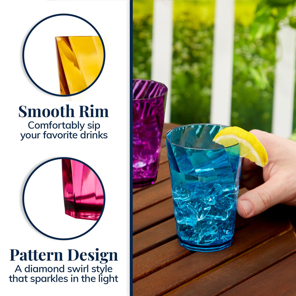US Acrylic Optix Plastic Reusable Drinking Glasses (Set of 8) 20oz Water Cups in Jewel Tone Colors | BPA-Free Tumblers, Made in USA | Top-Rack Dishwasher Safe